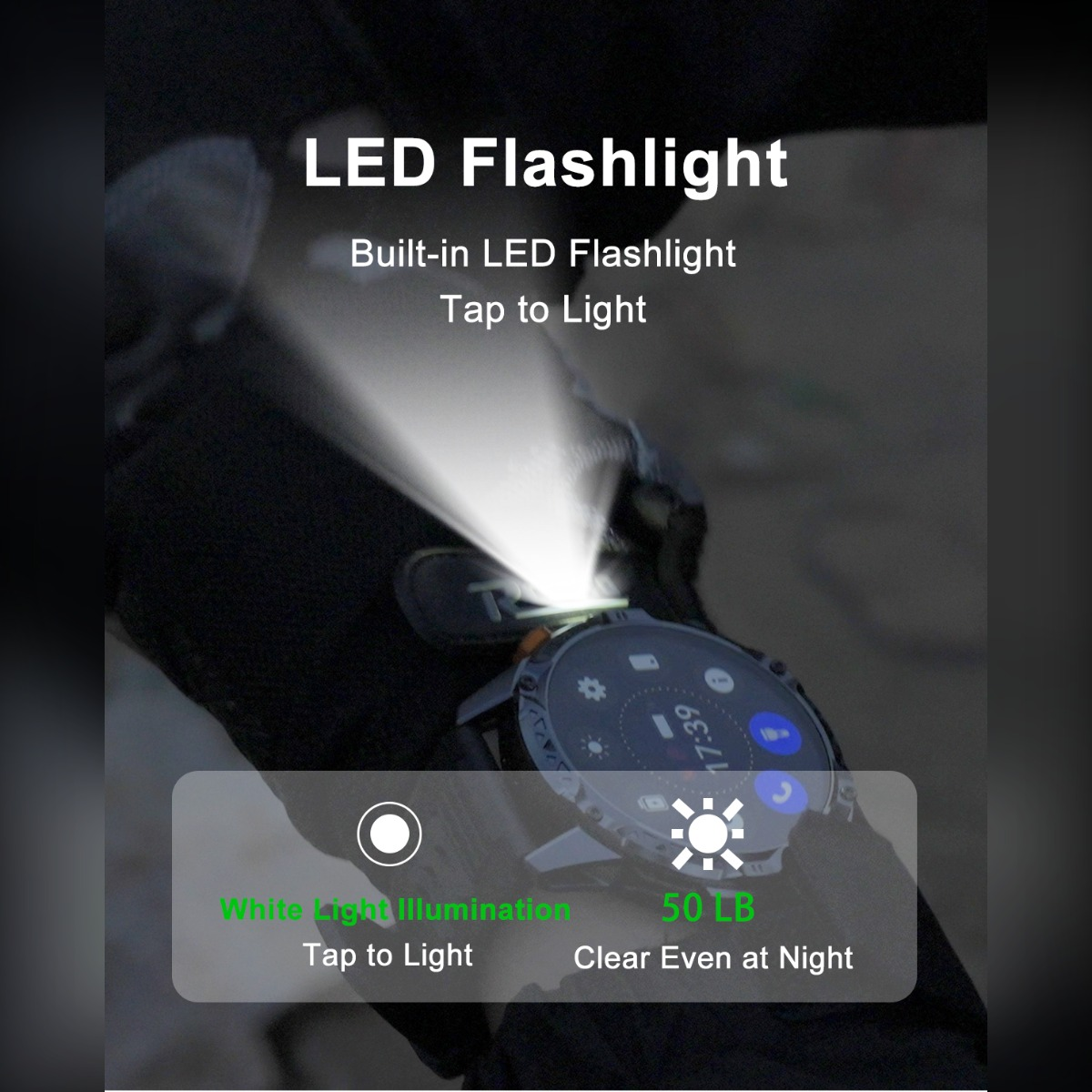 Smartwatch mit integrierter LED-Taschenlampe, die einen hellen Lichtstrahl in dunkler Umgebung erzeugt.
