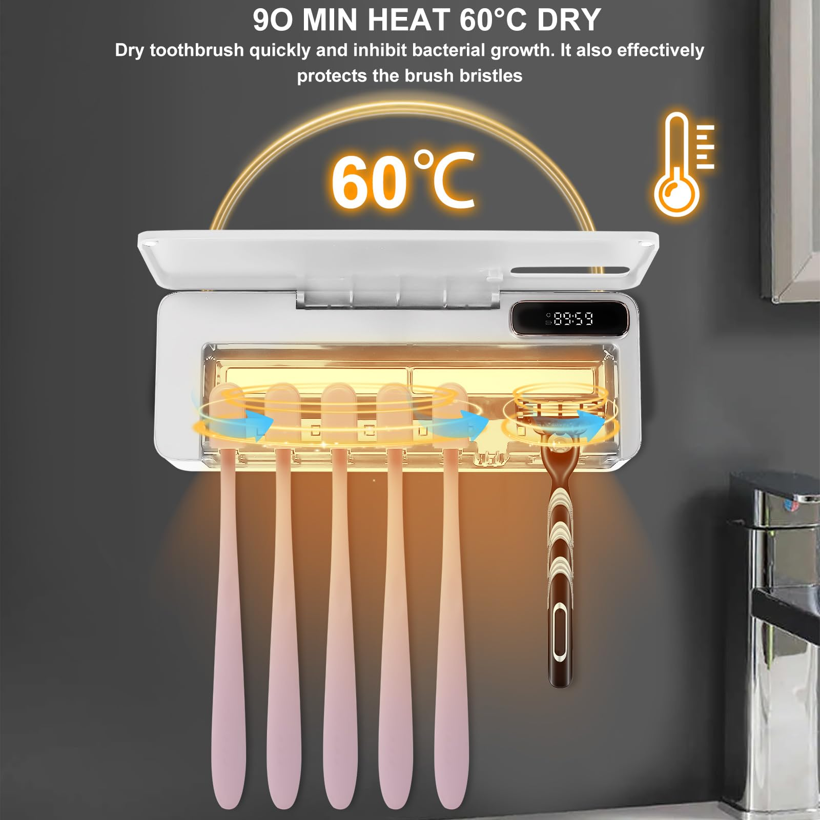 Wandmontierter elektrischer Zahnbürstenhalter mit 60 Grad Trockenfunktion, fünf Zahnbürsten und einem Rasierer.
