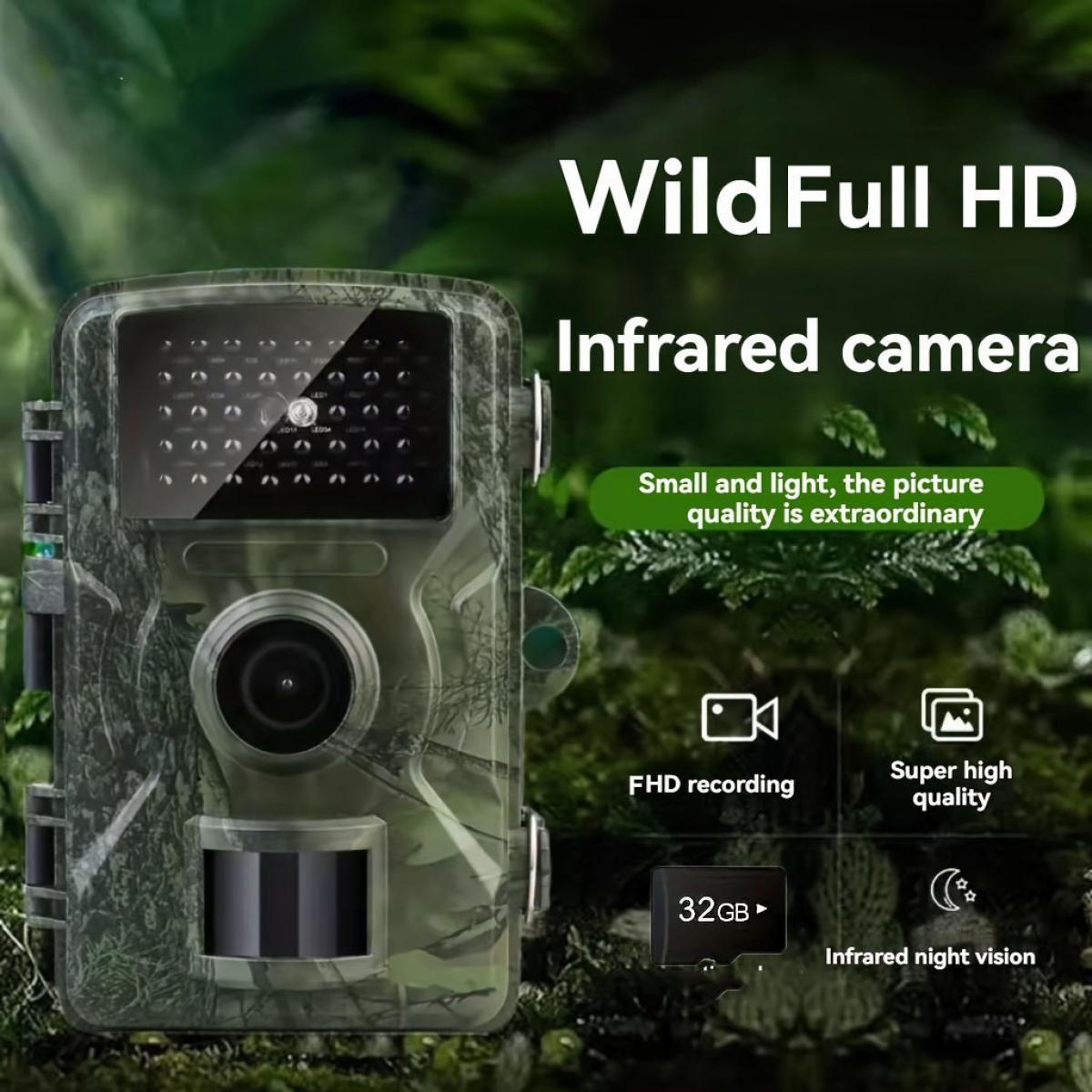 Tarnfarbene Wildkamera vor grünem Hintergrund mit Text und Symbolen für HD-Aufnahme und Nachtsicht.