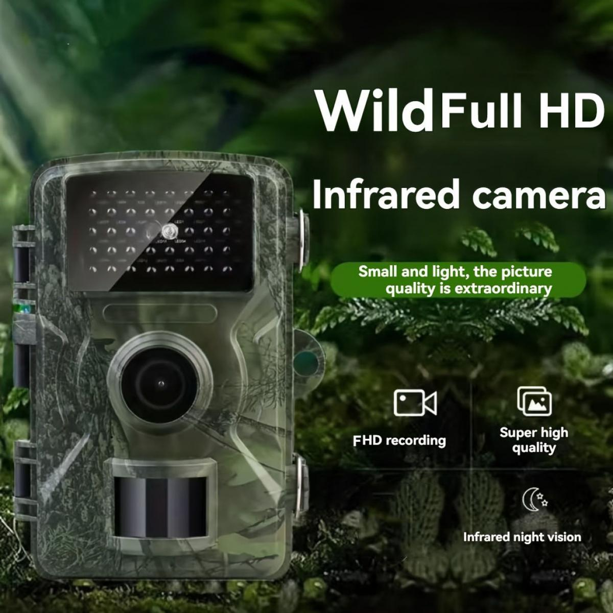 Getarnte Infrarot-Wildkamera mit FHD-Aufnahme und Nachtsicht vor grünem Hintergrund.
