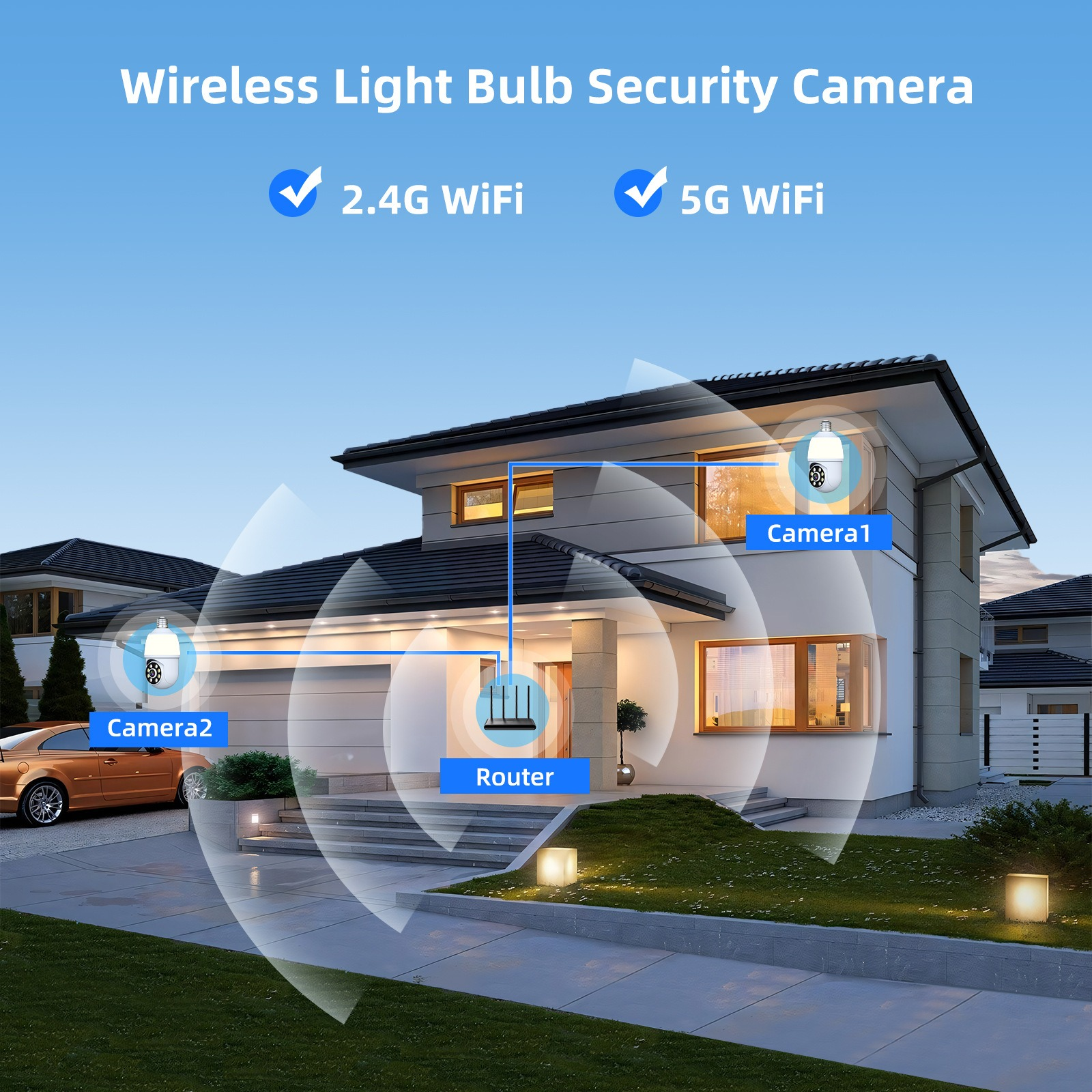 Diagramm zeigt kabellose Glühbirnen-Sicherheitskameras, die per WLAN mit einem Router in einem modernen Haus verbunden sind.