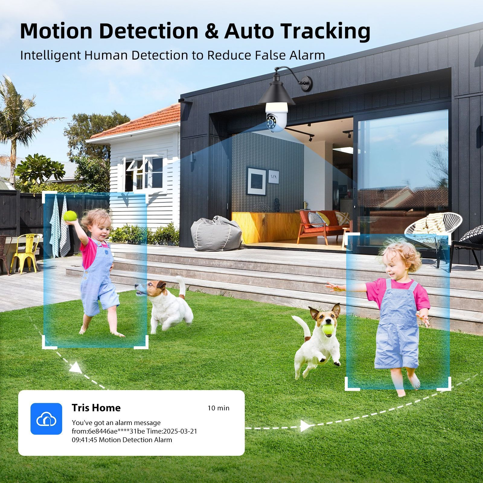 Überwachungskamera filmt spielende Kinder und Hunde auf einem Rasen vor einem Haus.