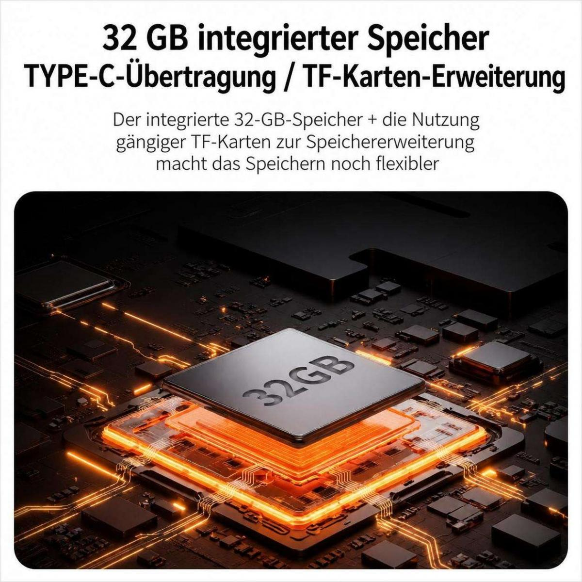 Ein beleuchteter Mikrochip mit 32 GB Speicher auf einer schwarzen Leiterplatte, umgeben von Text.