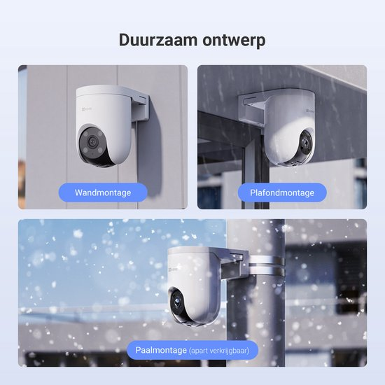 Drei weiße Überwachungskameras an Wand, Decke und Mast, die verschiedene Montagearten zeigen.