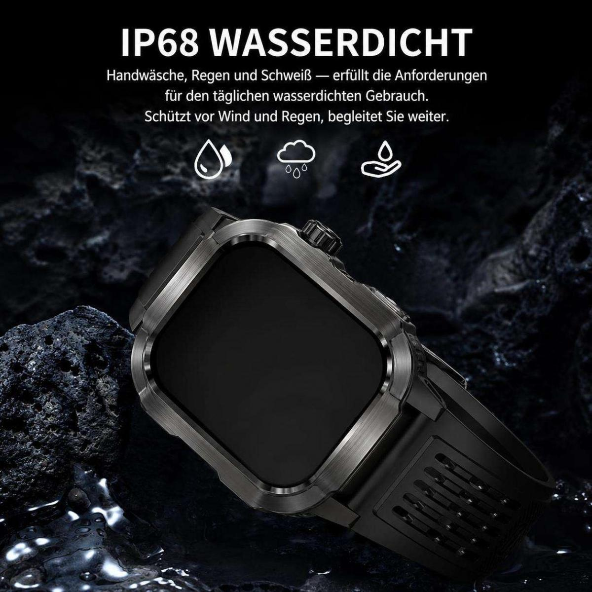 Eine schwarze IP68 wasserdichte Smartwatch liegt auf dunklen, nassen Steinen.