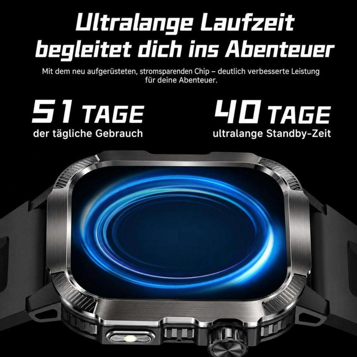 Smartwatch mit Metallgehäuse, blau leuchtendem Bildschirm und Text über 51 Tage Nutzung und 40 Tage Standby.