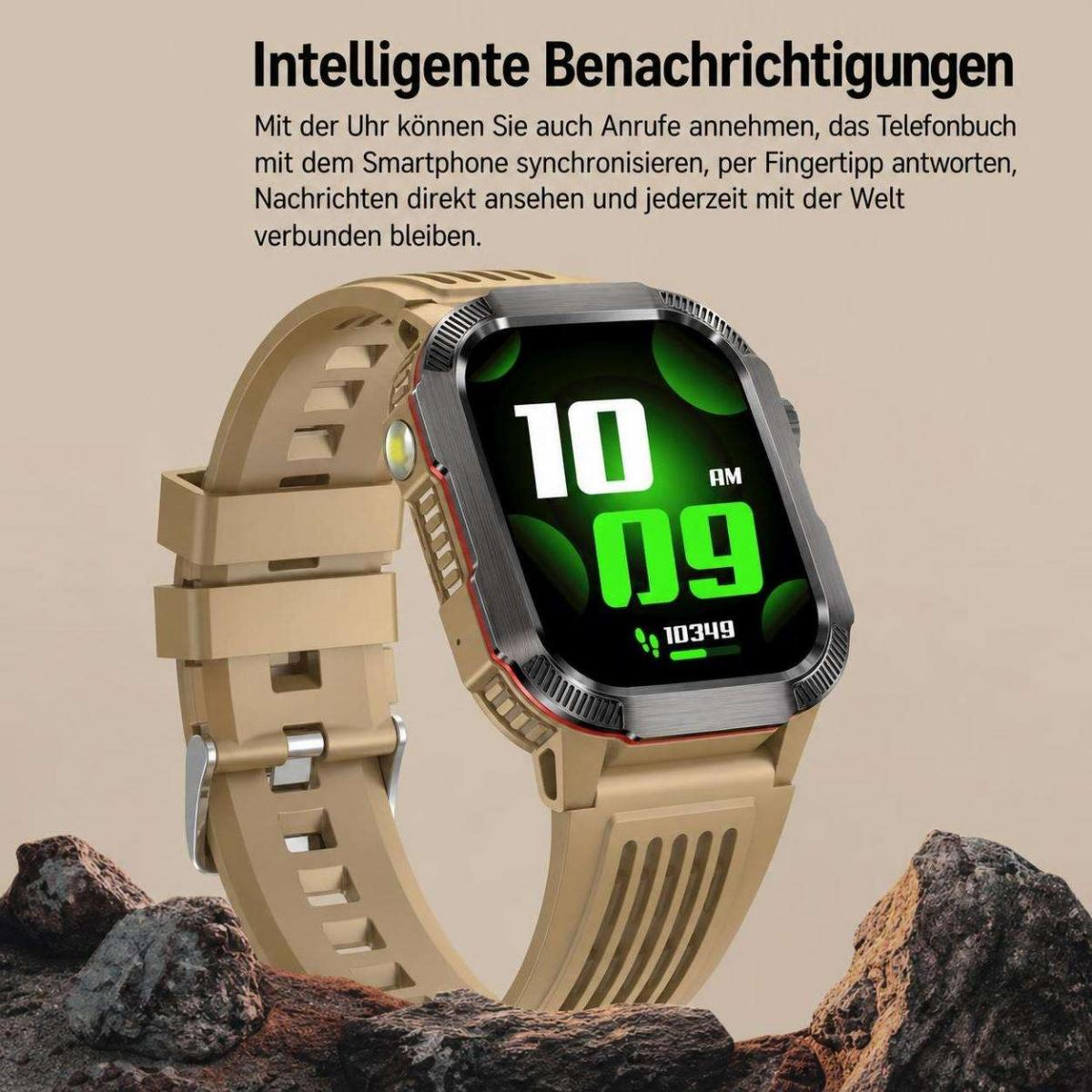 Eine beige Smartwatch mit digitaler Anzeige 10:09 liegt auf felsigem Untergrund.