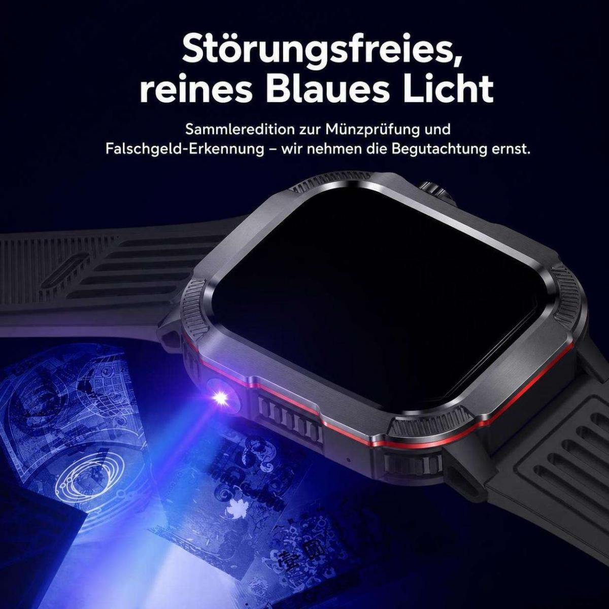 Eine schwarze Smartwatch strahlt blaues UV-Licht auf eine Banknote, um Falschgeld zu erkennen.