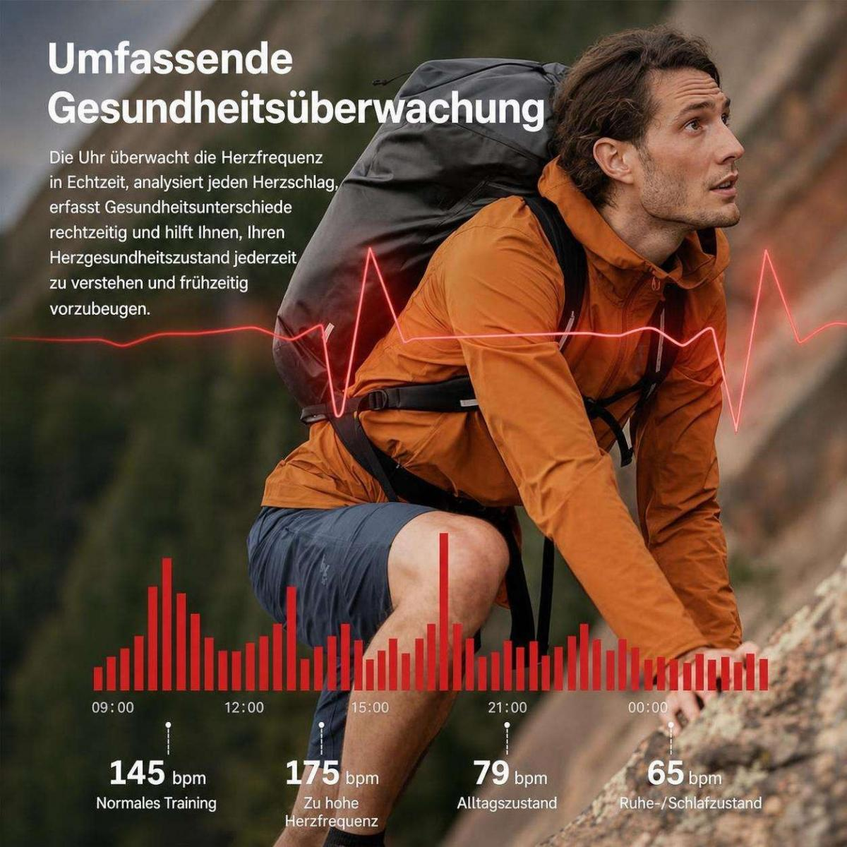Ein Wanderer klettert mit einem Herzfrequenz-Graphen im Vordergrund.