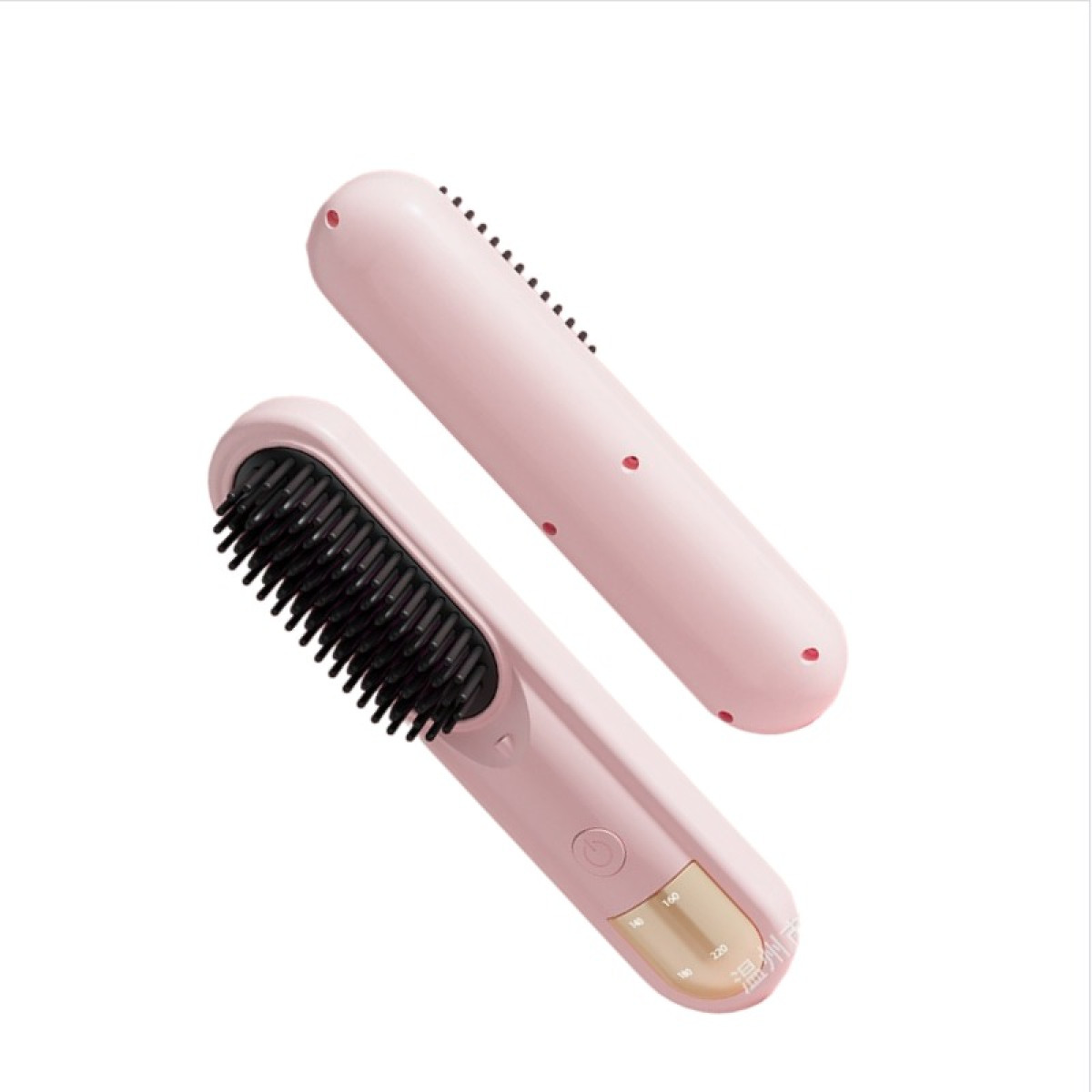 Zwei rosa Haarglättungsbürsten mit schwarzen Borsten und Temperaturanzeige auf weißem Hintergrund.