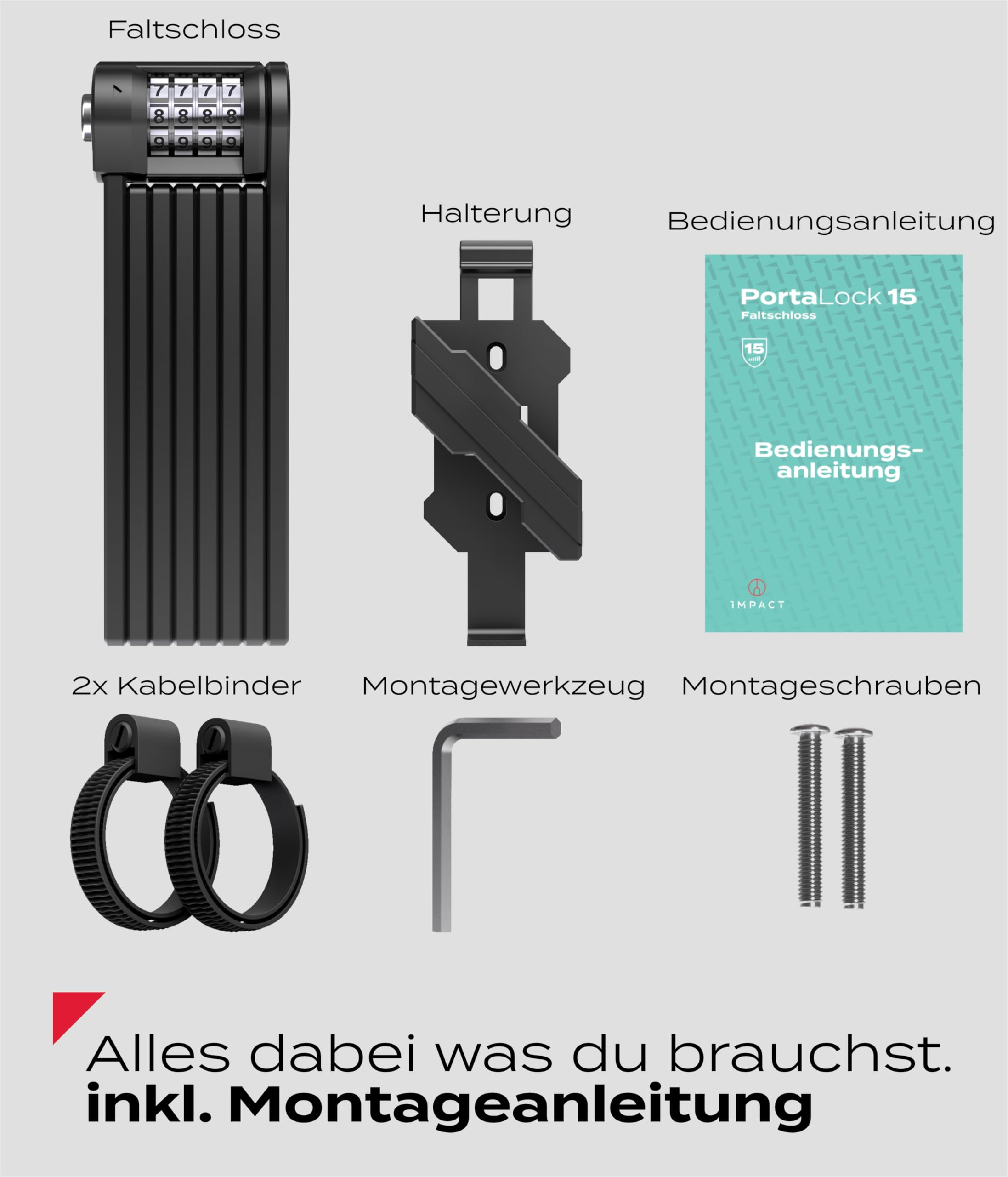 Un antivol pliant, support, manuel, colliers, outil et vis sur fond gris.