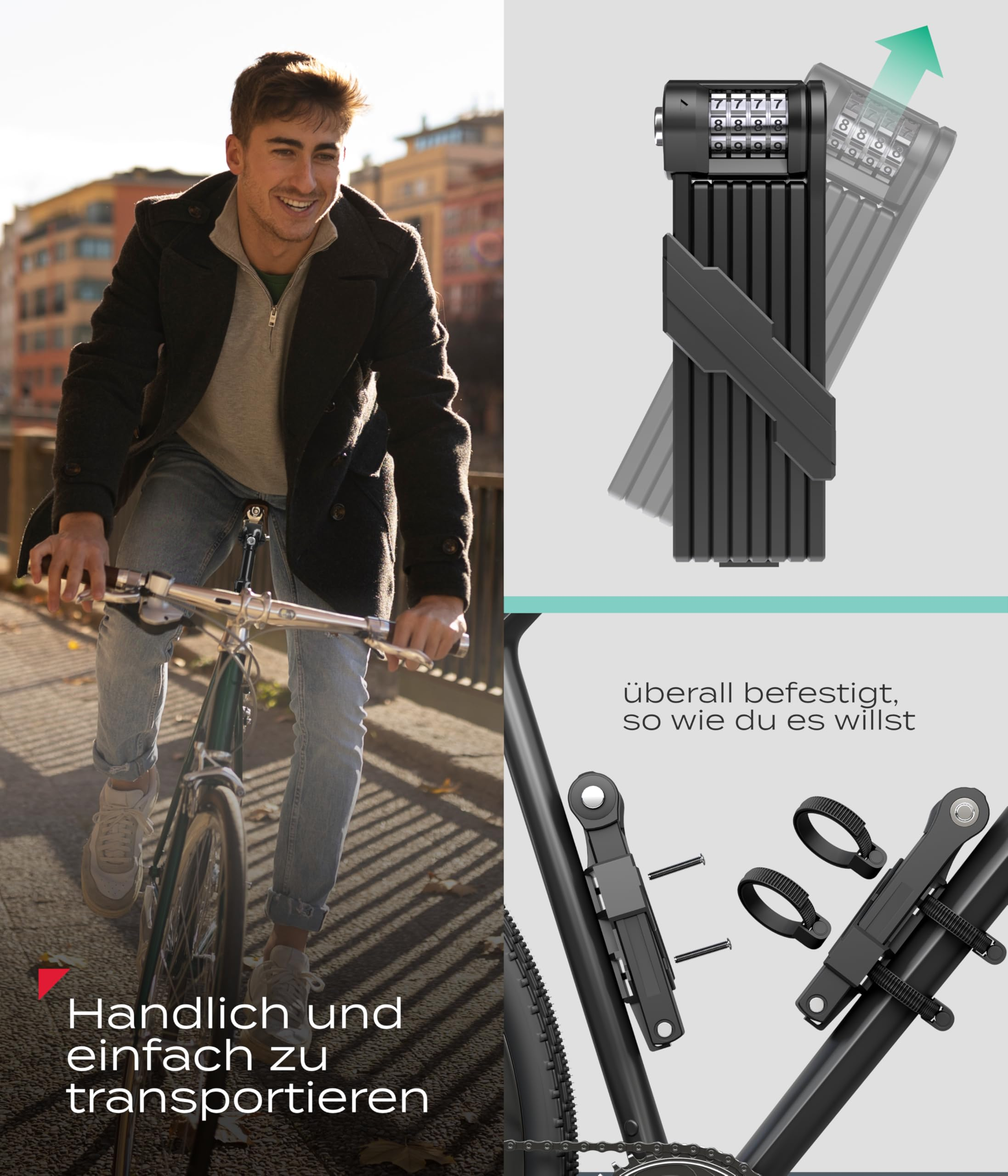 Un homme fait du vélo et un antivol pliant compact est illustré à droite.