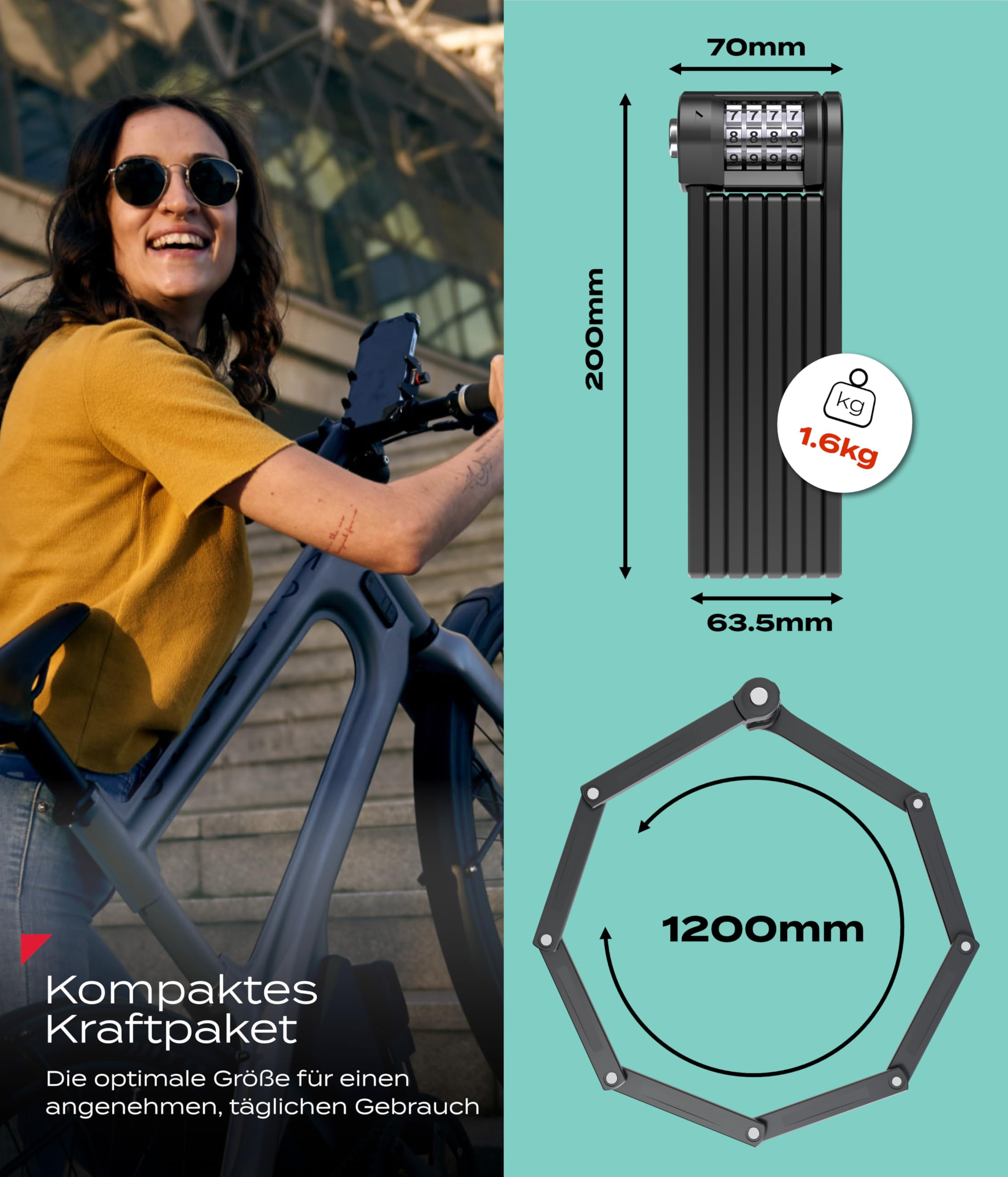 Femme souriante avec vélo à côté de graphiques d'antivol pliant indiquant des dimensions de 200 mm, 70 mm, 63,5 mm, 1200 mm et 1,6 kg.