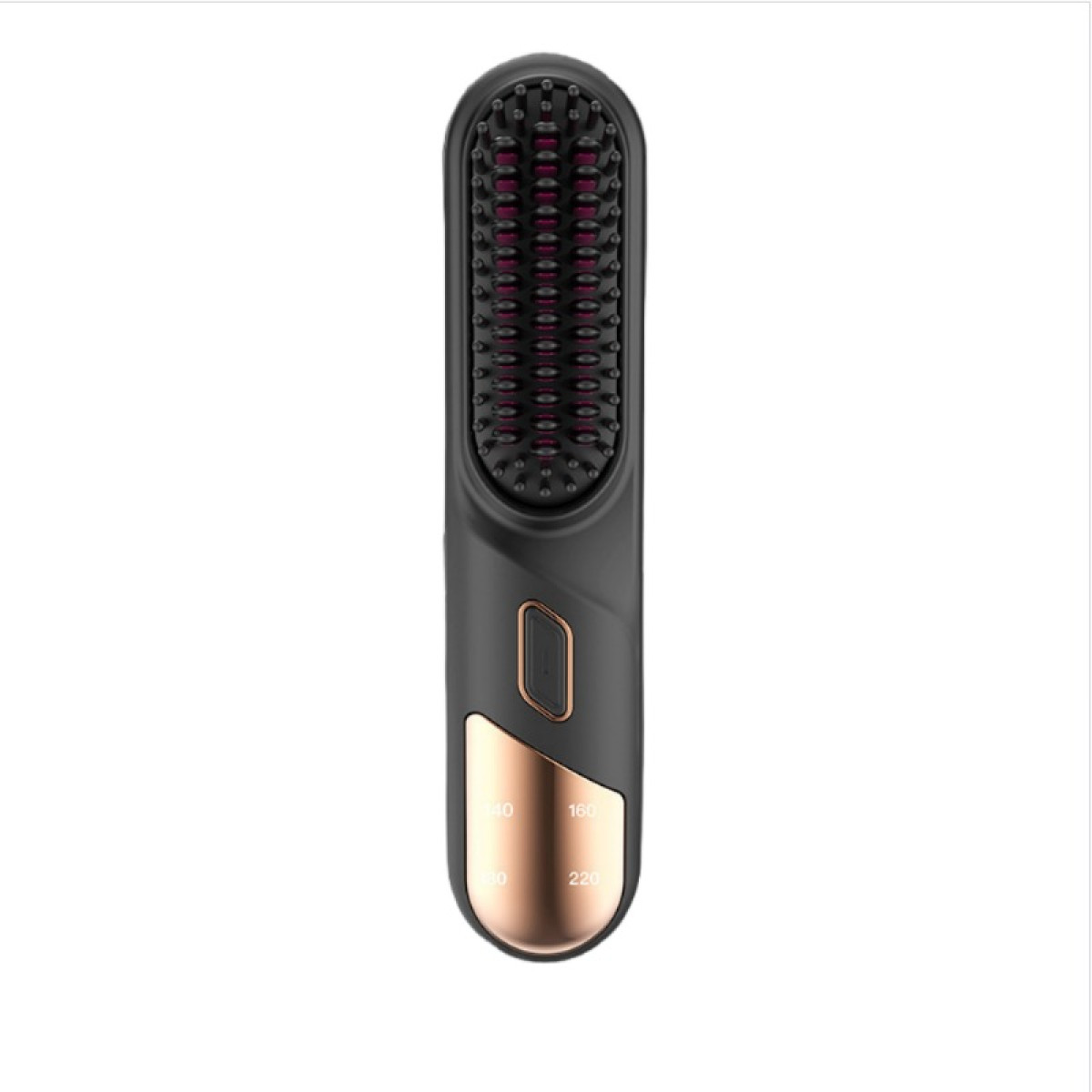 Eine mattschwarze elektrische Haarbürste mit kupferfarbenem Griffende, Temperatureinstellungen und violetten Borsten.