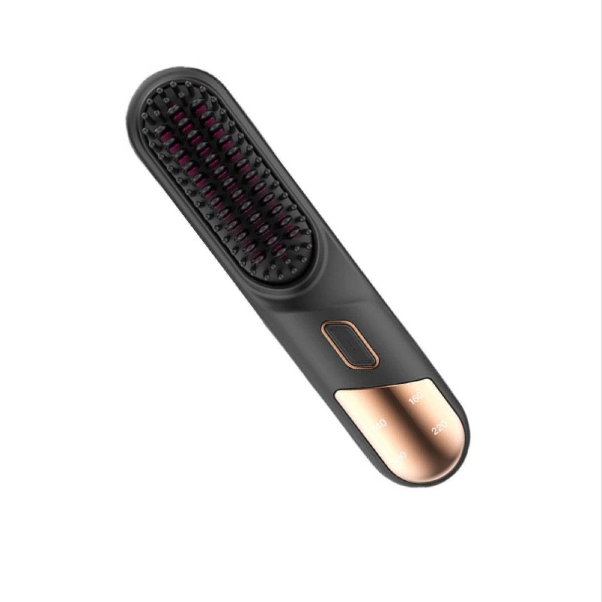 Eine mattschwarze elektrische Haarglättungsbürste mit roséfarbenen Akzenten und einem digitalen Temperaturdisplay.