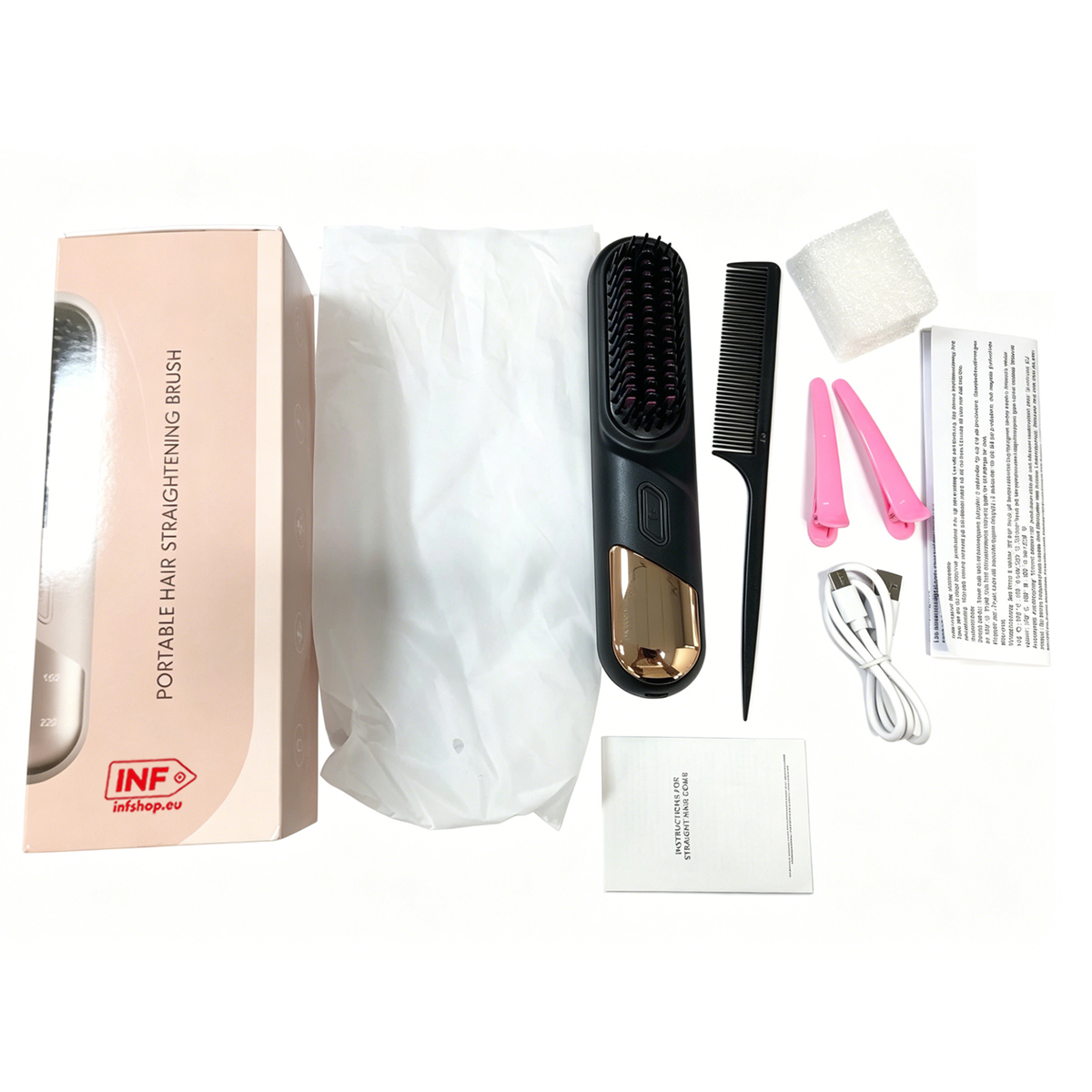 Ein Set mit schwarzer Glättbürste, Box, Kamm, Klammern, Kabel und Anleitung auf weißem Hintergrund.
