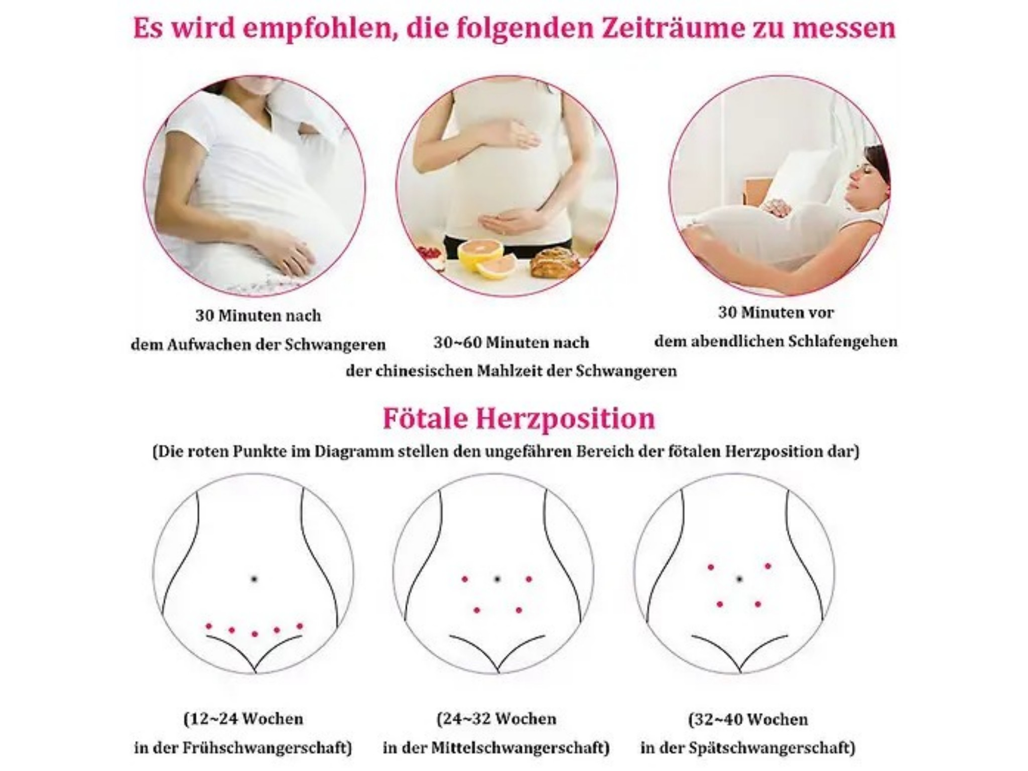 Anleitungen zur Messung der fötalen Herzposition in verschiedenen Schwangerschaftswochen mit Bildern.