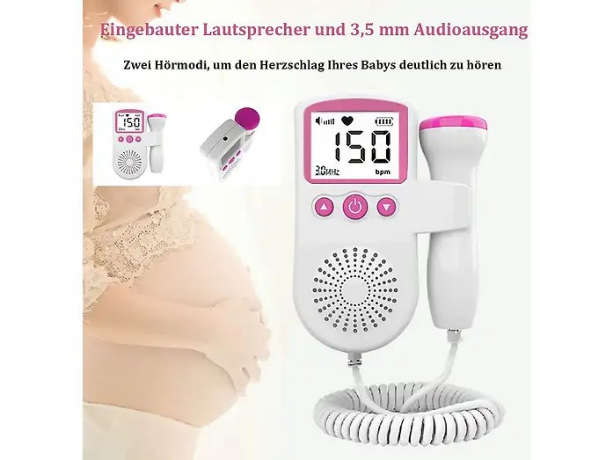 Ein weiß-pinkes Fetaldoppler-Gerät mit digitalem Display und angeschlossener Sonde neben einer schwangeren Frau.
