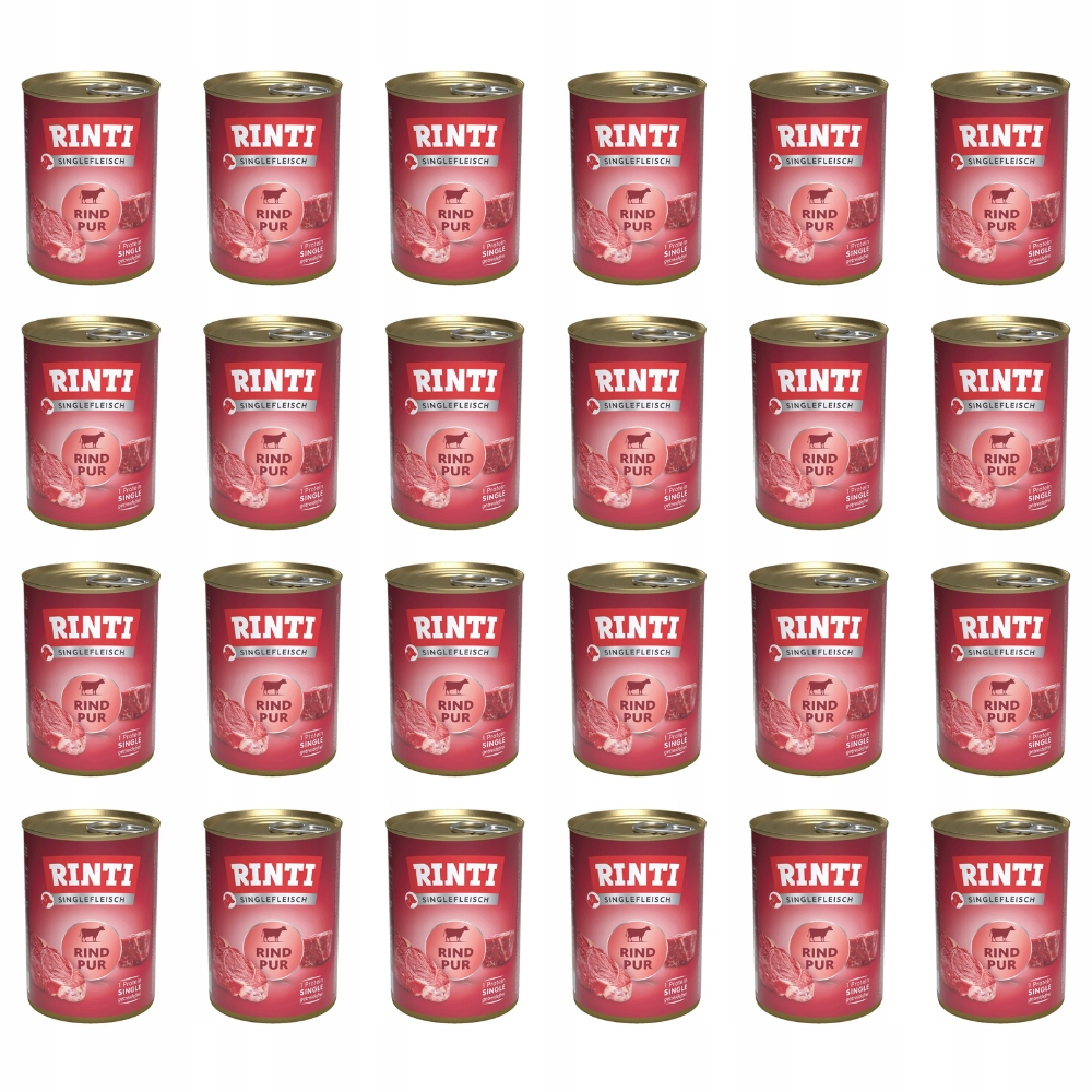 Ein Gitter aus vierundzwanzig Rinti Singlefleisch Hundefutterdosen mit roten Etiketten und Rindfleisch.