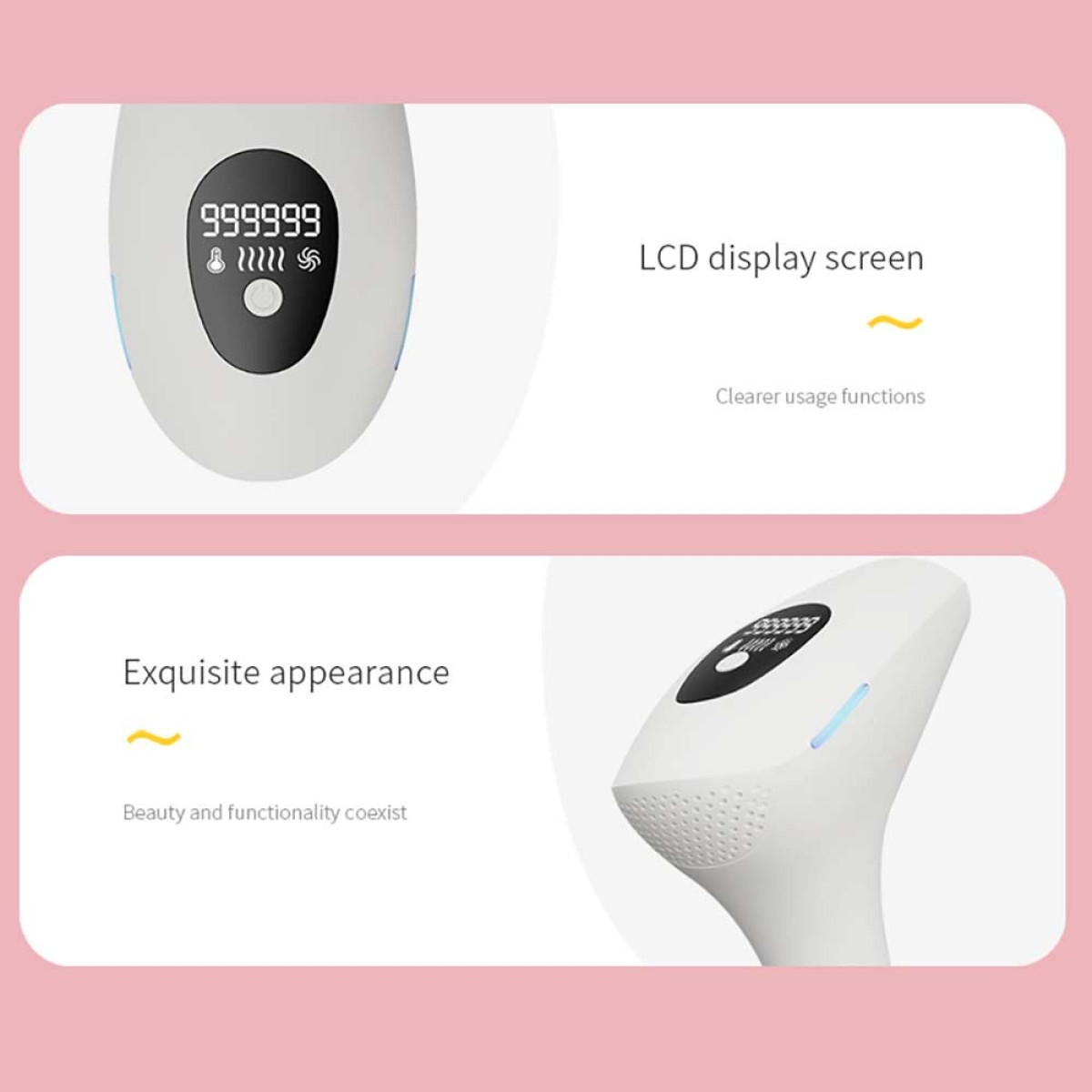 Ein weißes Haarentfernungsgerät mit LCD-Bildschirm und Text über LCD-Display und Exquisite Optik.