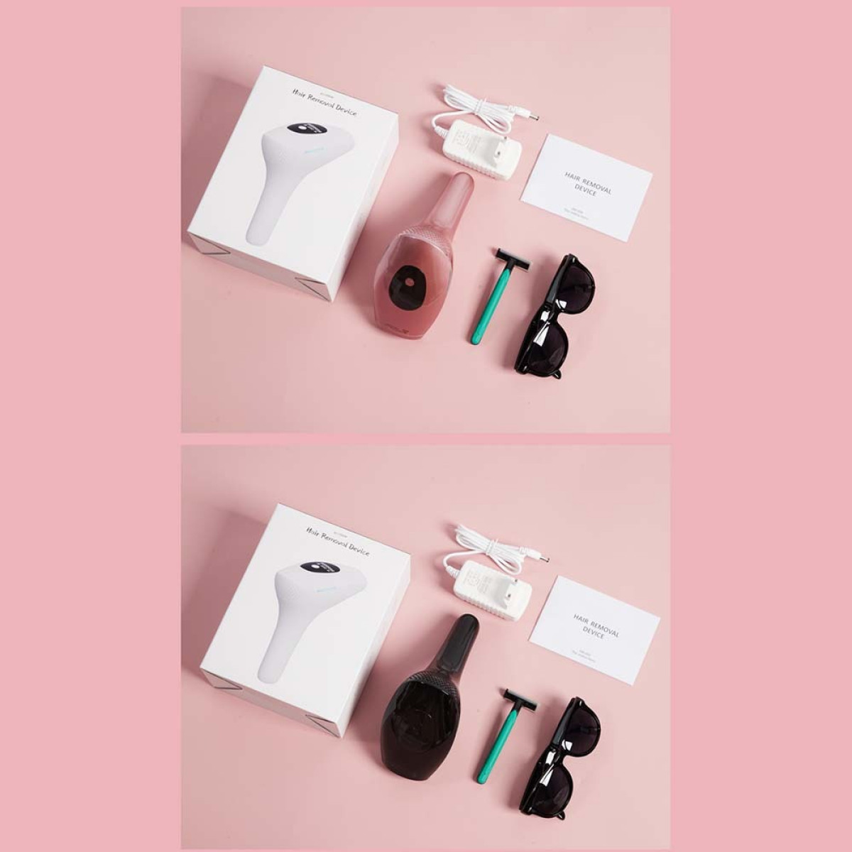 Haarentfernungsgeräte mit Box, Netzteil, Rasierer und Brille auf rosa Hintergrund.