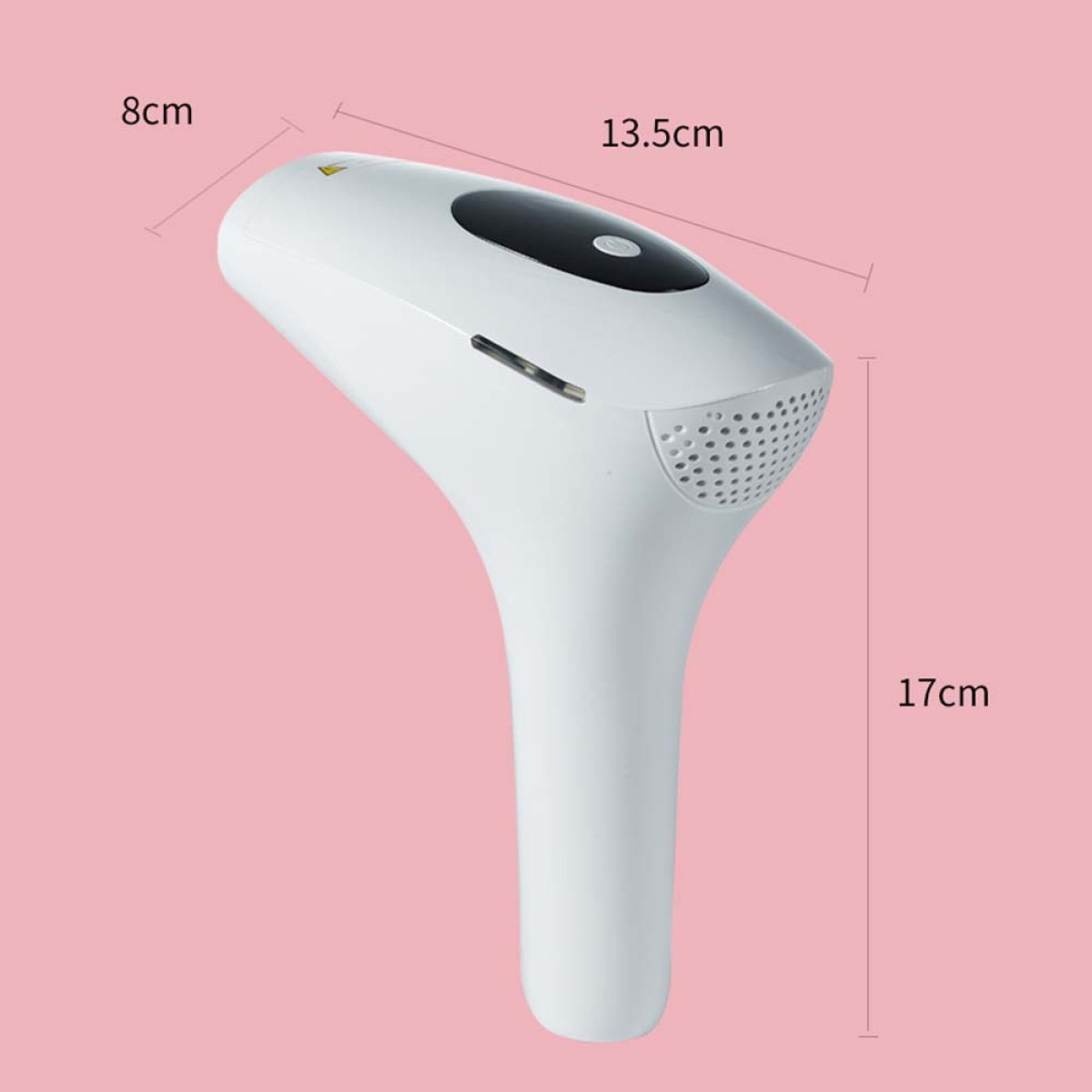 Weißes IPL-Haarentfernungsgerät auf rosa Hintergrund mit Maßangaben von 8cm, 13.5cm und 17cm.