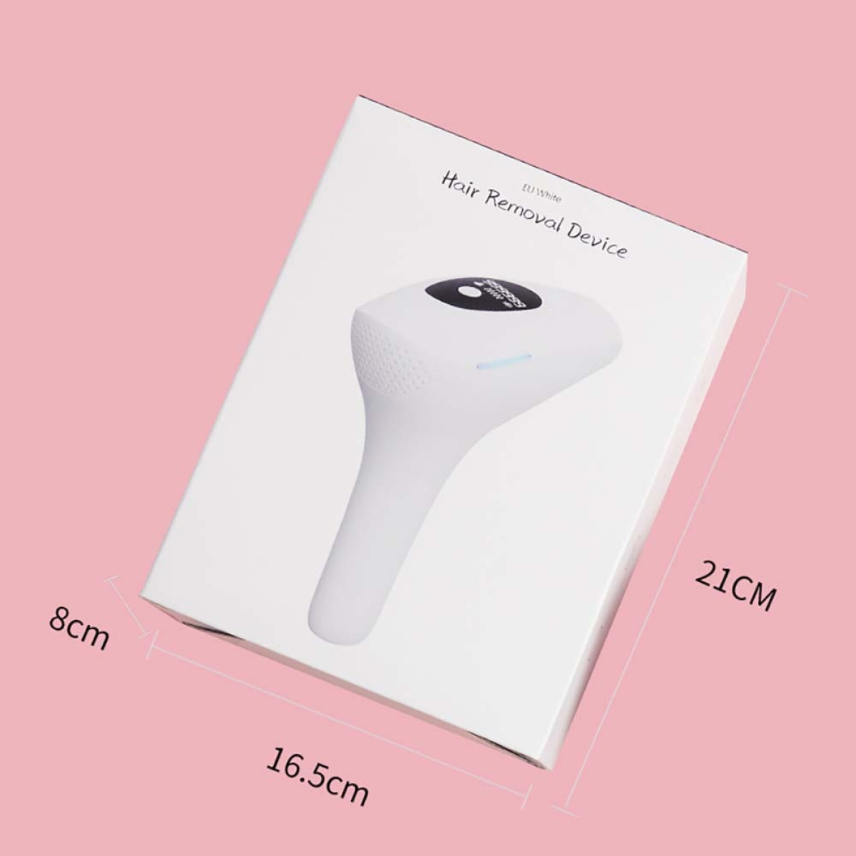 Eine weiße Box für Haarentfernungsgeräte mit Maßen von 21cm, 16.5cm und 8cm vor rosa Hintergrund.