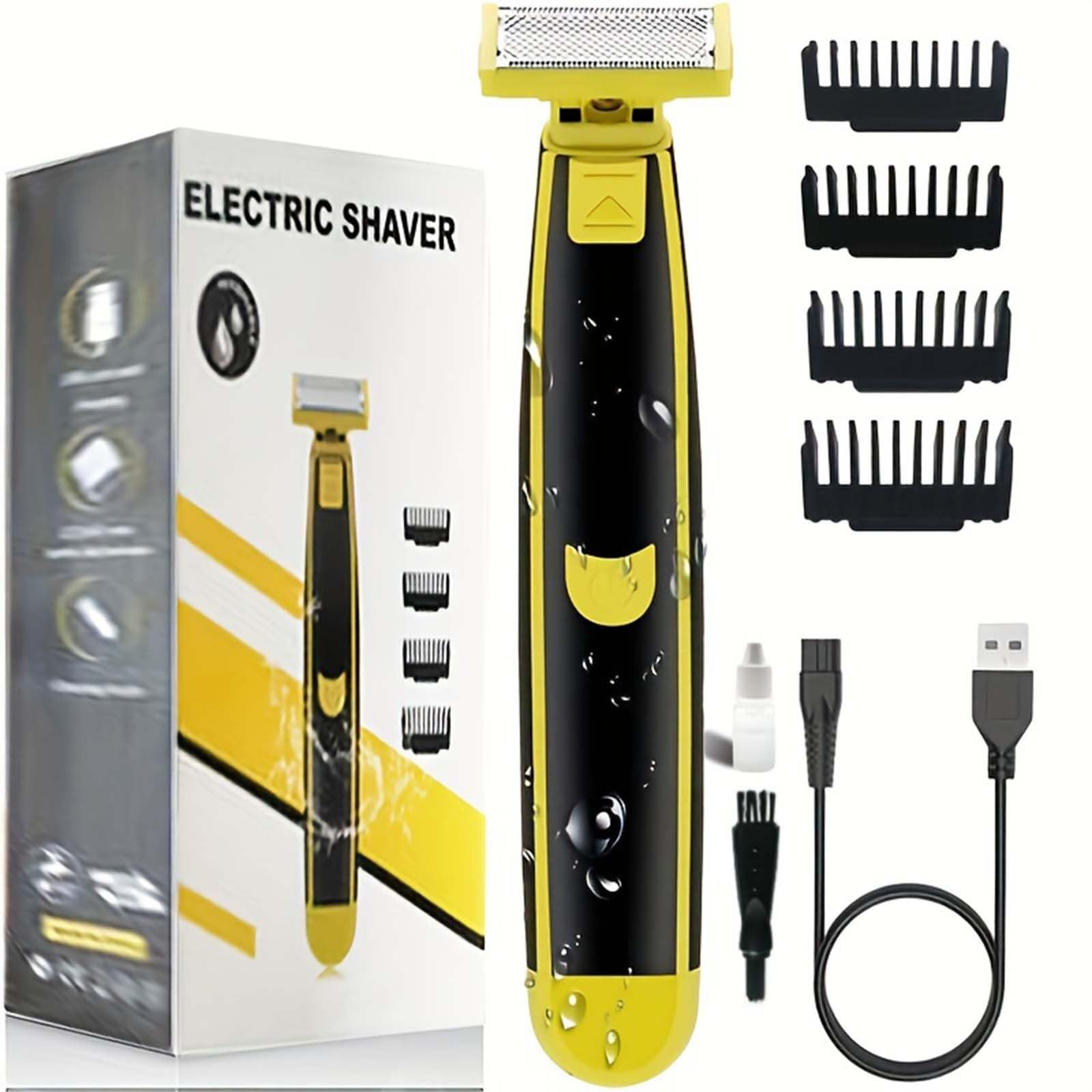 Gelb-schwarzer Elektrosasierer mit vier Kammaufsätzen, Ladekabel, Reinigungsbürste und Verpackungskarton.