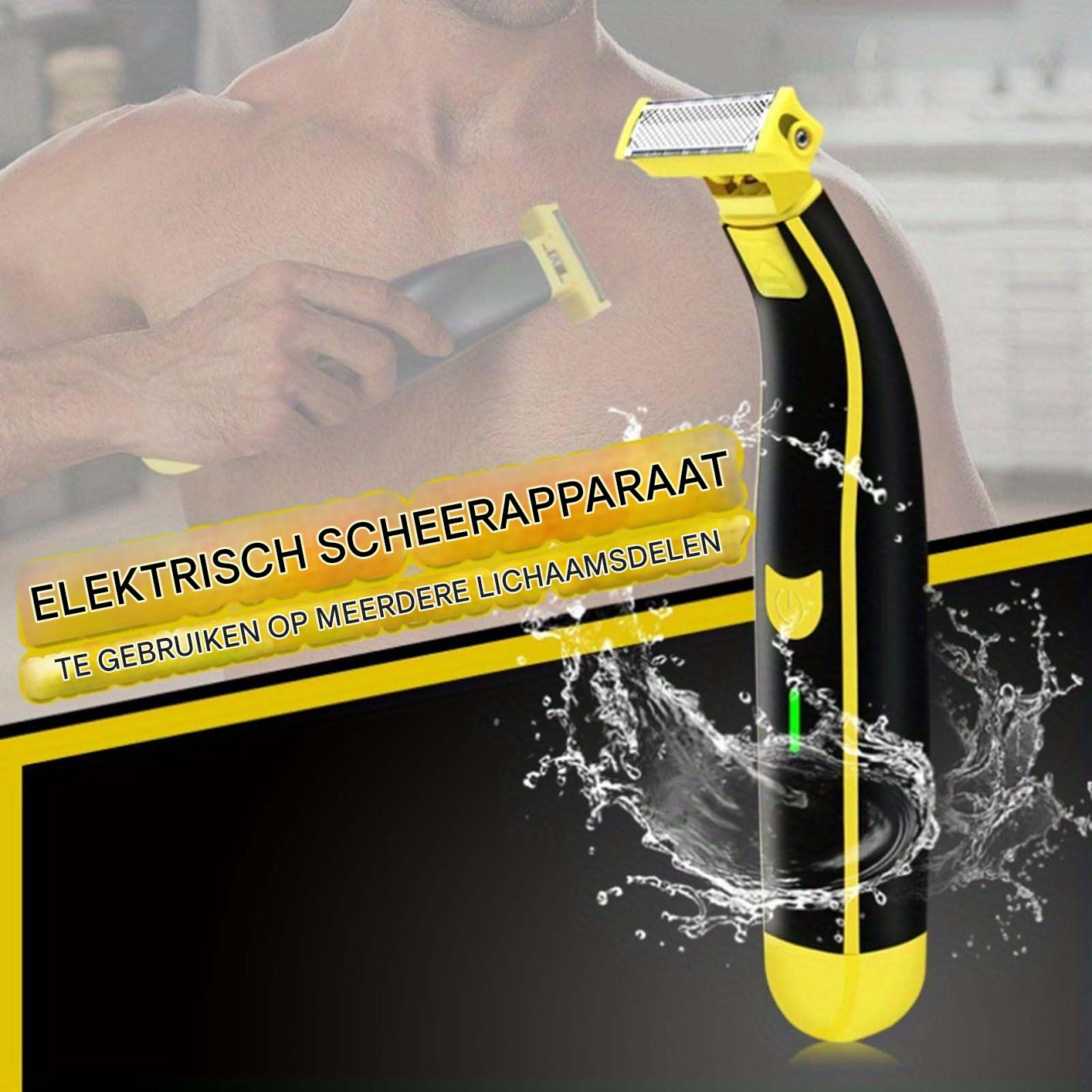 Ein gelb-schwarzer Elektrorasierer wird vor einem Mann gezeigt, der seine Brust rasiert, mit Wasserspritzern.