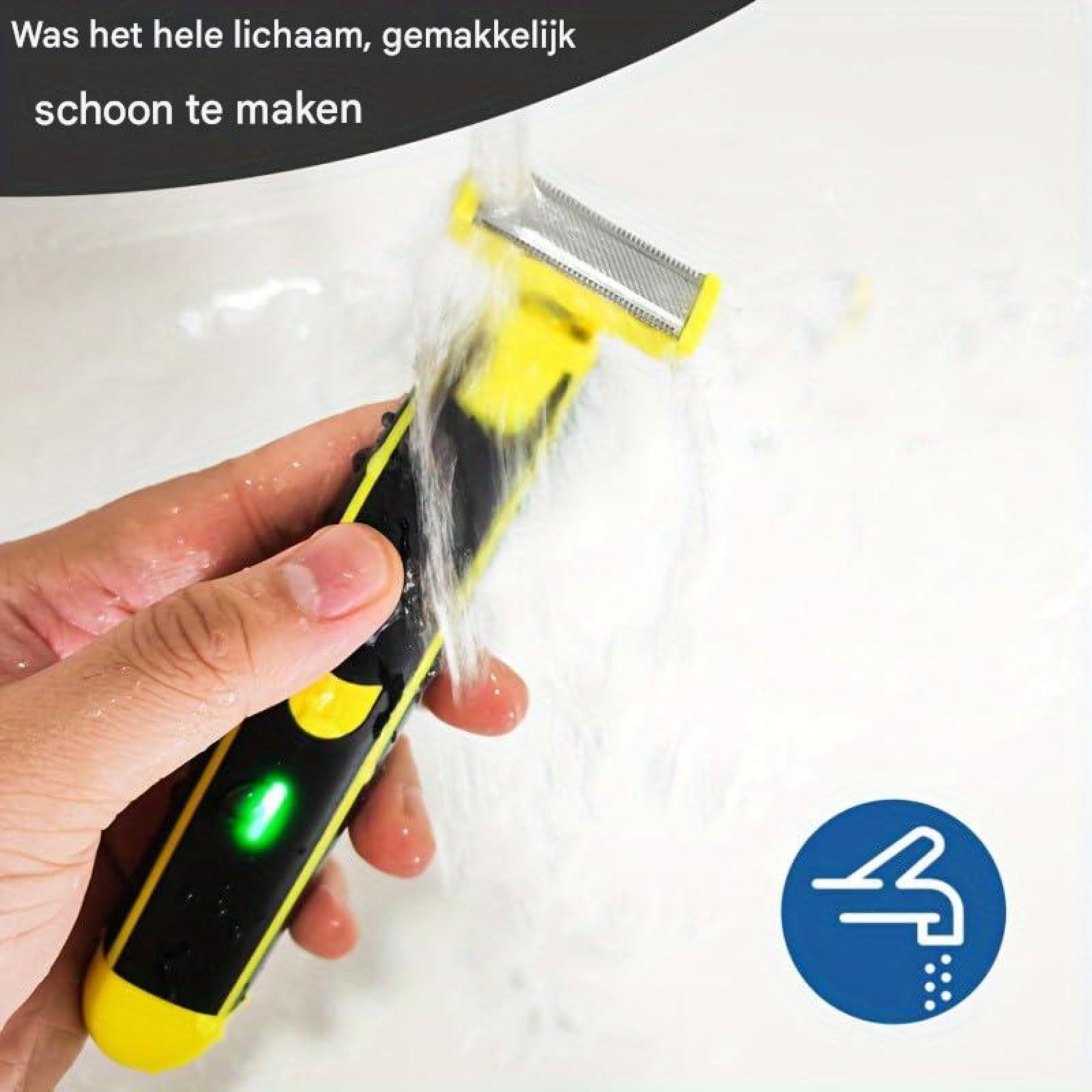 Hand hält einen gelb-schwarzen Rasierer unter fließendem Wasser mit Text oben und Wassersymbol unten.