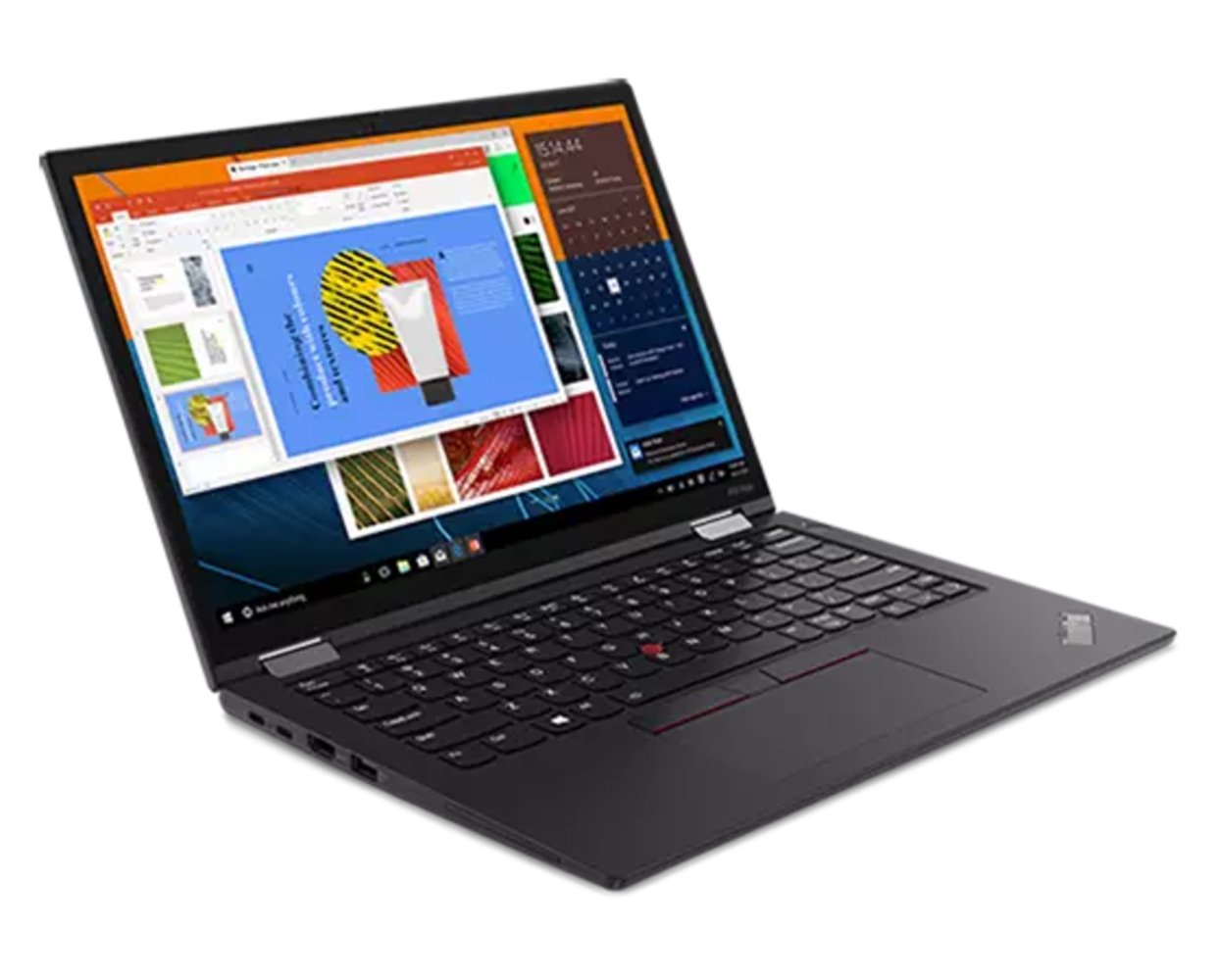 Ein schwarzer Laptop ist auf schwarzem Hintergrund geöffnet und zeigt eine farbige Präsentation.