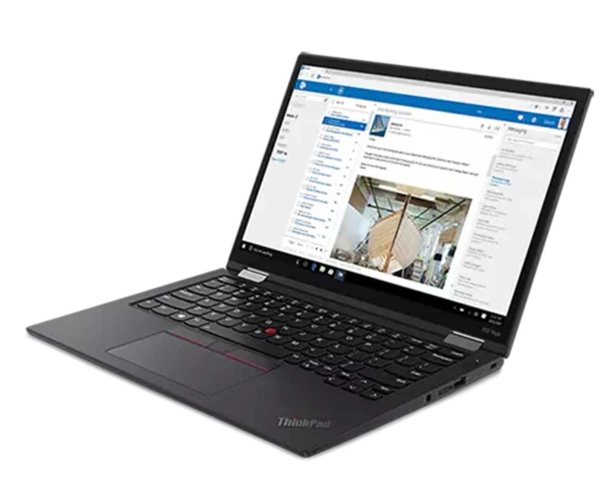 Ein schwarzer ThinkPad-Laptop zeigt eine geöffnete E-Mail-Anwendung auf dem Bildschirm gegen einen schwarzen Hintergrund.