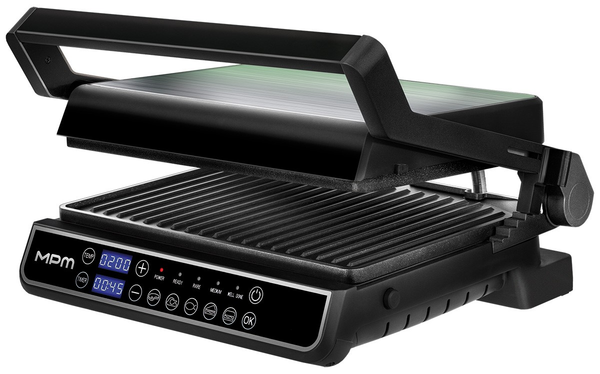 Czarny elektryczny grill kontaktowy z otwartą pokrywą i cyfrowym panelem sterowania.