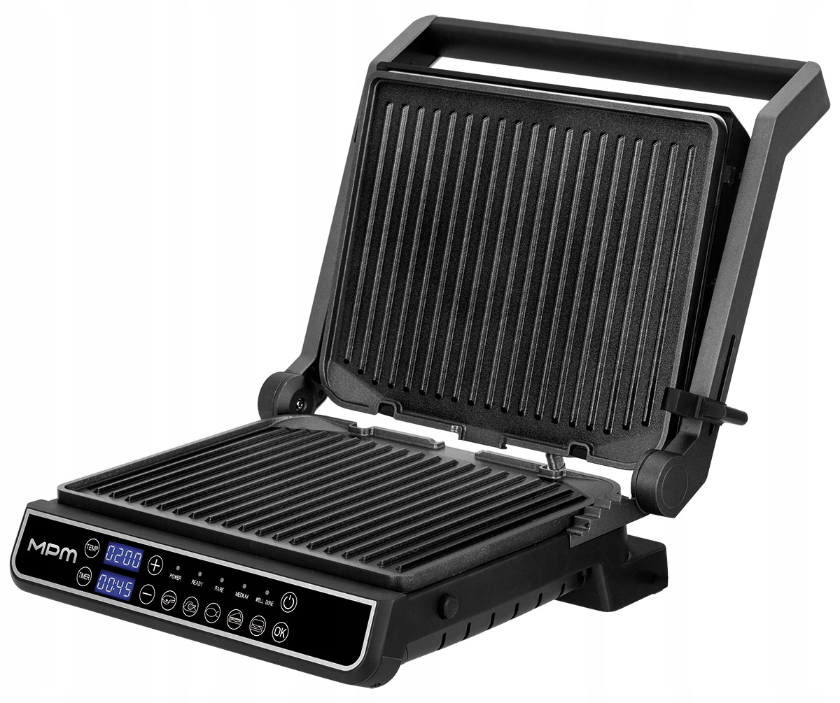 Otwarty czarny grill elektryczny z wyświetlaczem cyfrowym i żebrowanymi płytami na białym tle.