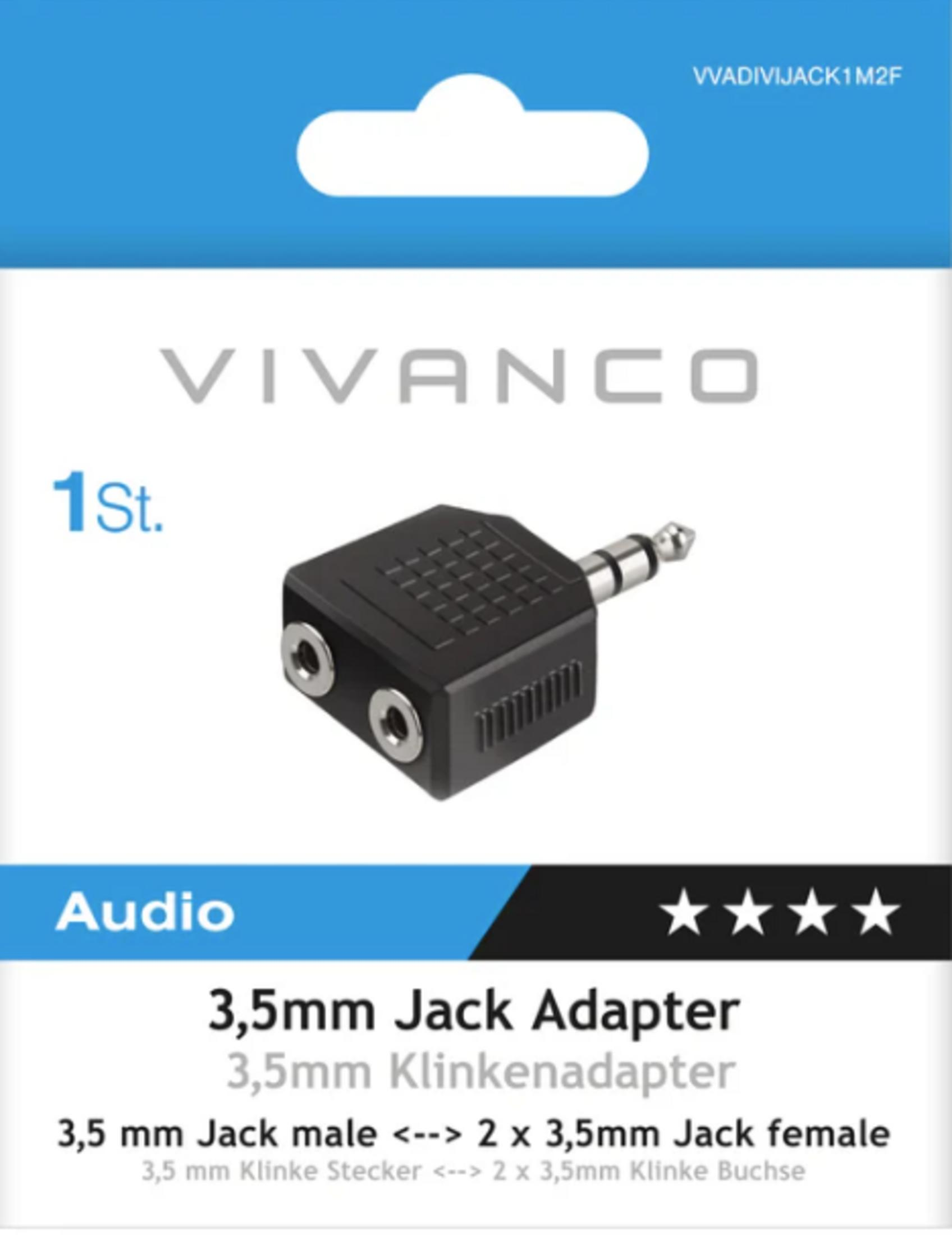 Adaptador de jack Vivanco de 3,5 mm en empaque blanco, un macho a dos hembras.