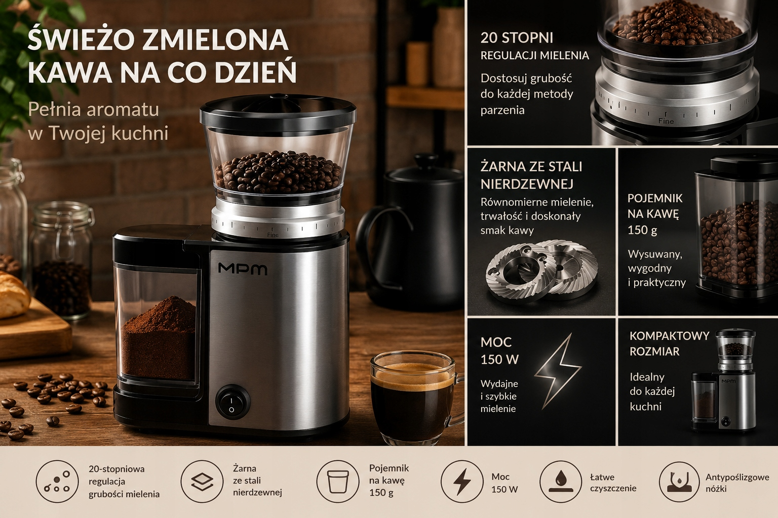 Stalowy młynek do kawy z pojemnikiem na ziarna i mieloną kawę, otoczony cechami produktu.
