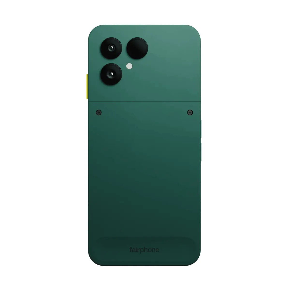 Rückseite eines grünen Fairphone-Smartphones mit drei Kameraobjektiven und dem Markenlogo unten.