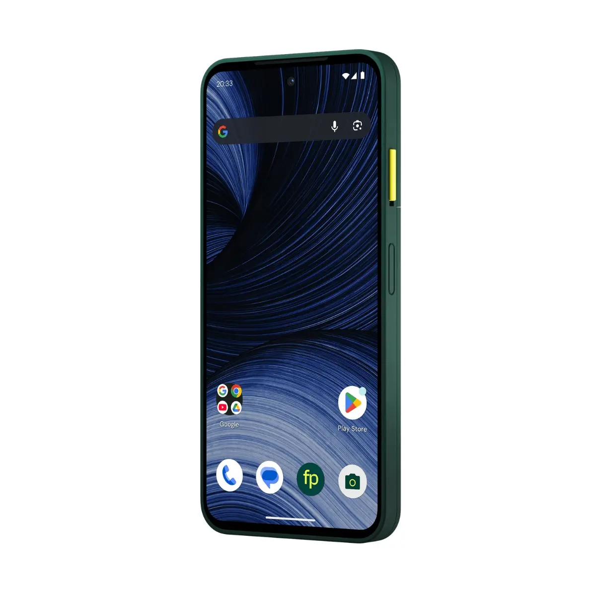 Ein grünes Smartphone mit blauem Wellen-Hintergrundbild und App-Symbolen auf dem Startbildschirm.