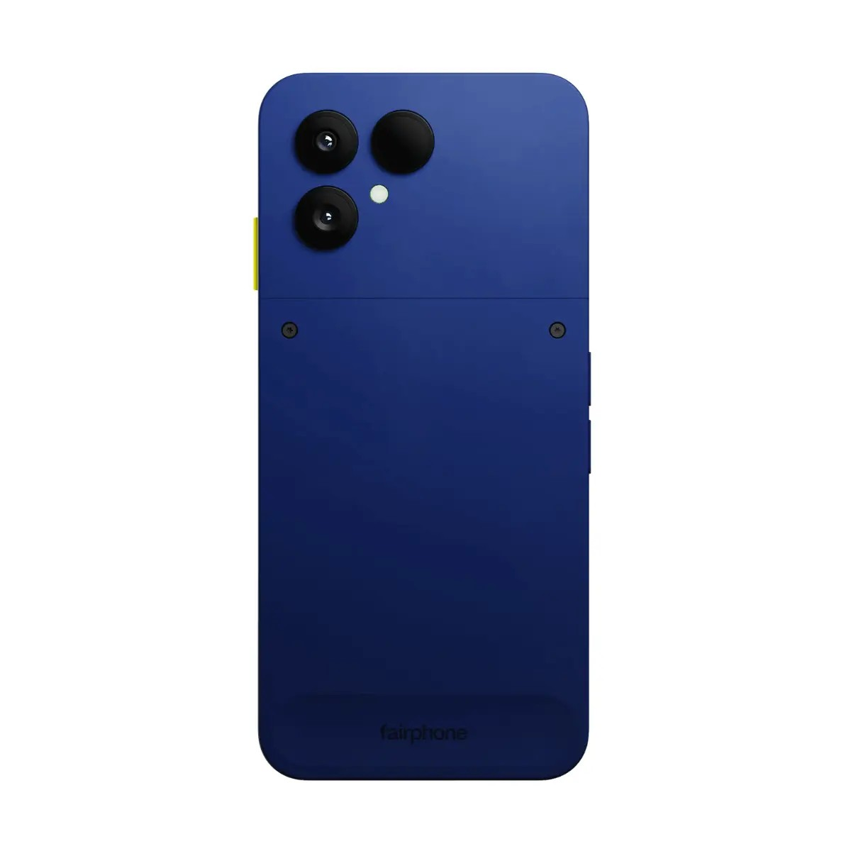 Die Rückseite eines blauen Smartphones mit zwei Kameraobjektiven, einem Blitz und dem Fairphone-Logo unten.