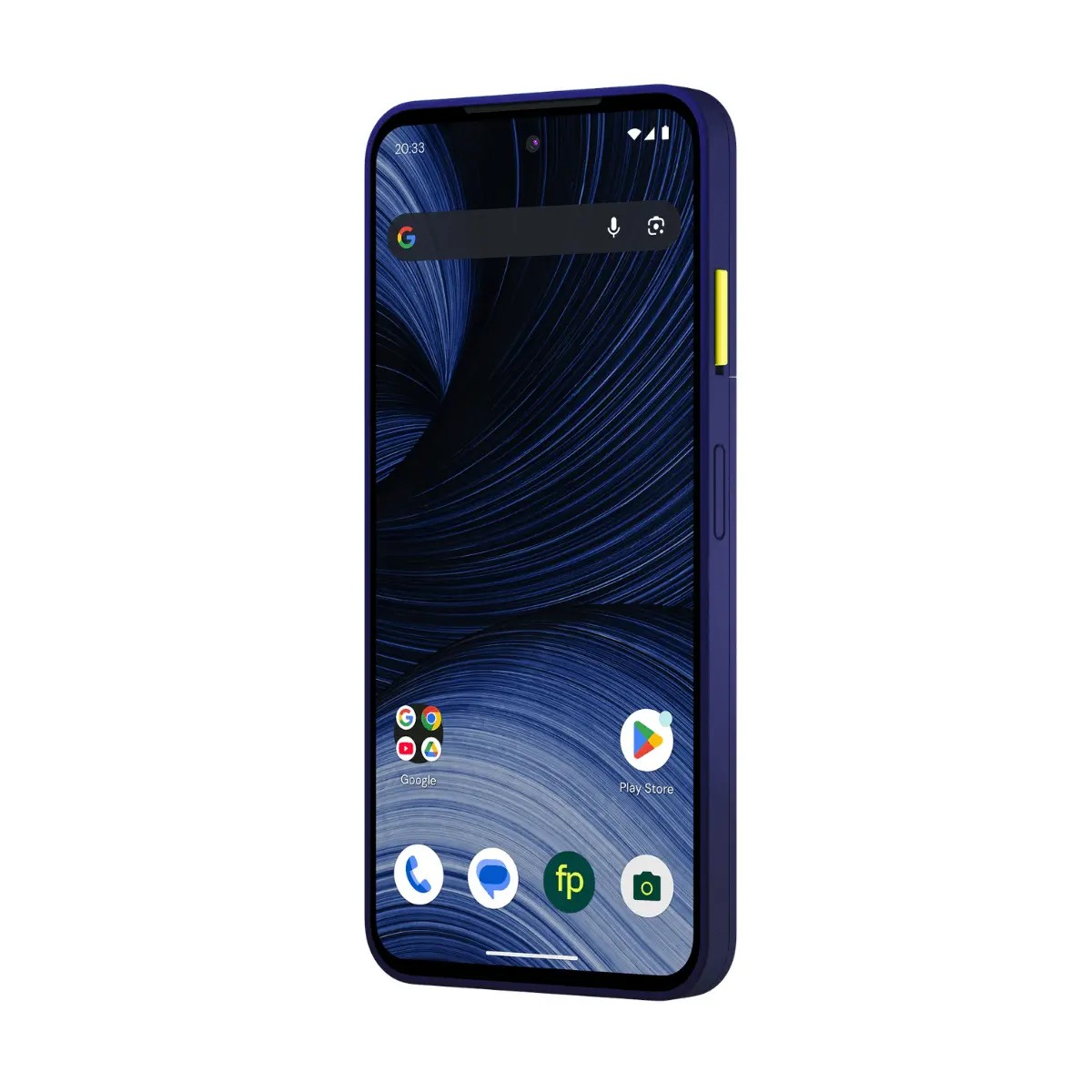 Ein blaues Smartphone mit schwarzem Display, einer gelben Power-Taste an der Seite und App-Icons.