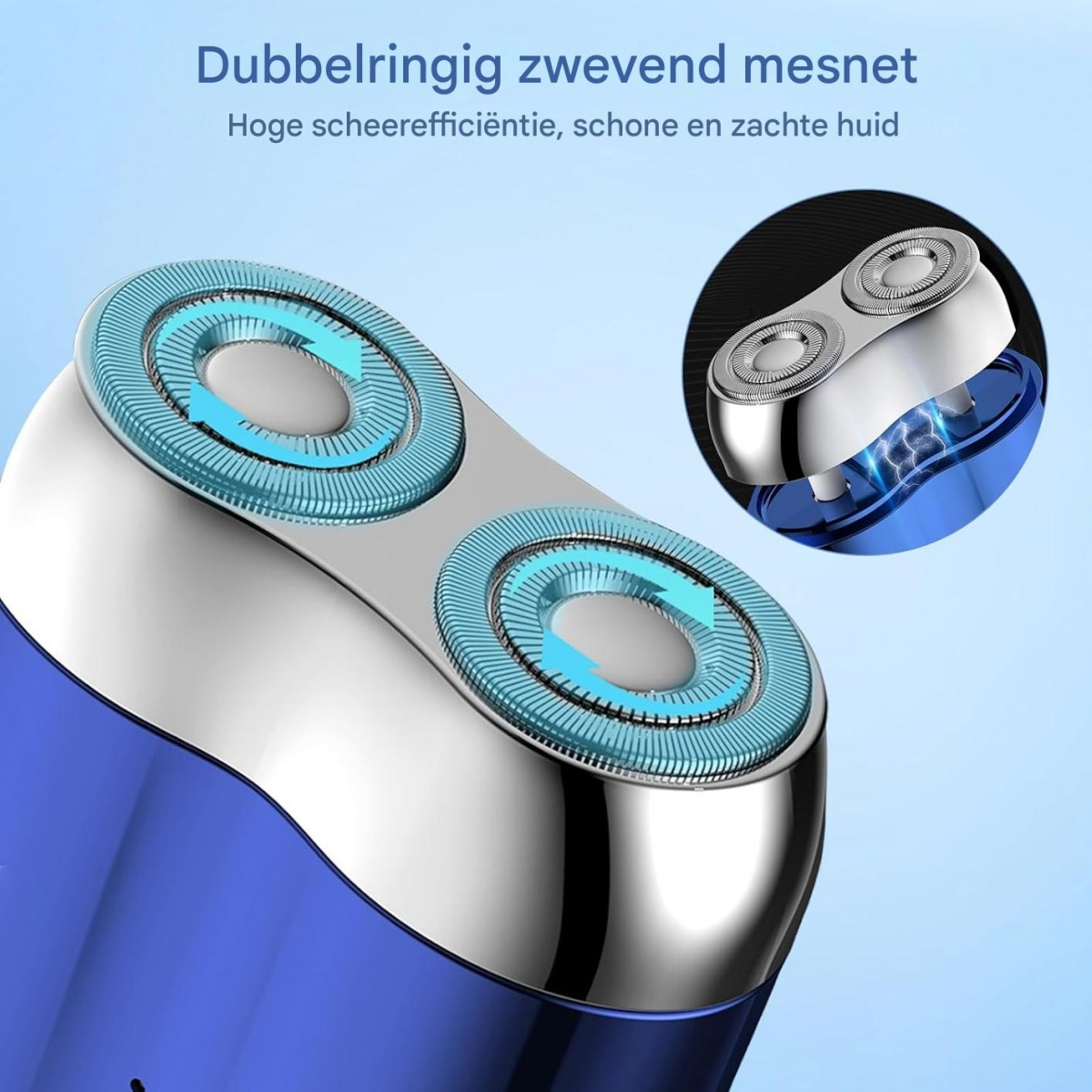 Nahaufnahme eines blauen Rasierers mit Doppelring-Scherkopf, oben rechts ein detaillierter Aufsatz.