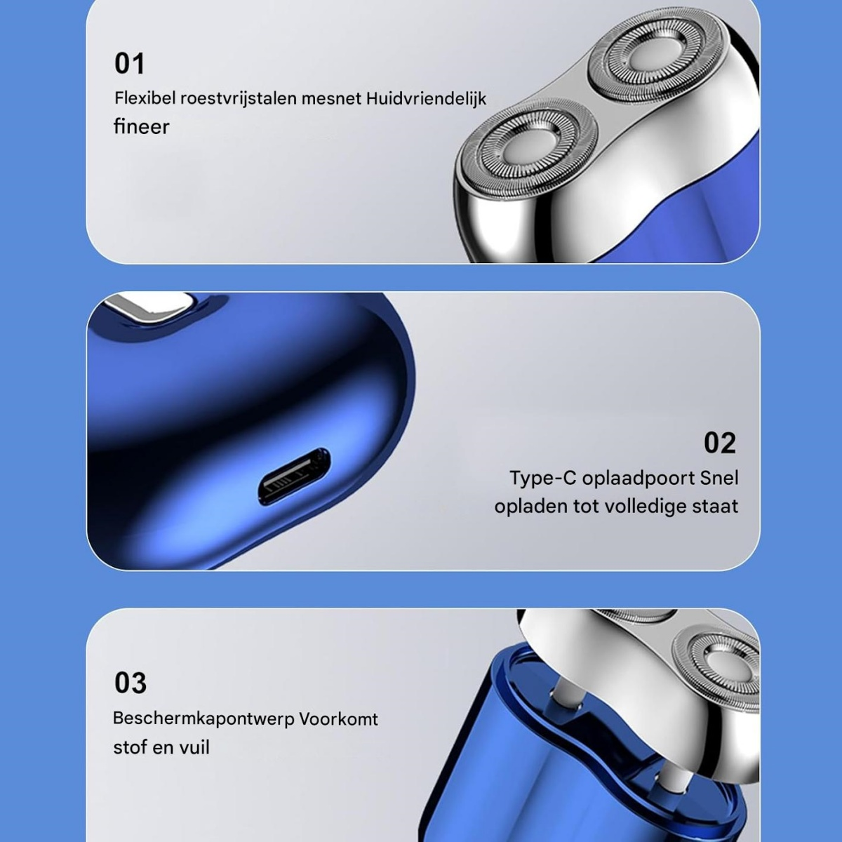 Drei Produktbilder eines blauen Elektrorasierers mit runden Scherköpfen, USB-C Anschluss und abnehmbarer Schutzkappe.