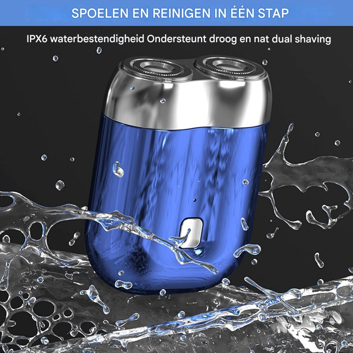 Glänzender blauer elektrischer Rasierer mit zwei Köpfen, umgeben von spritzendem Wasser auf dunklem Hintergrund.