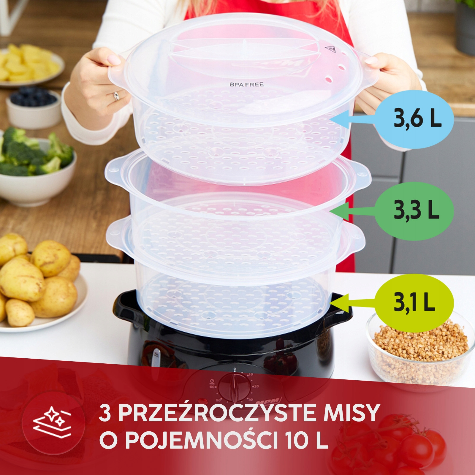 Trzypiętrowy parowar z przezroczystymi misami o pojemnościach od 3,1L do 3,6L.