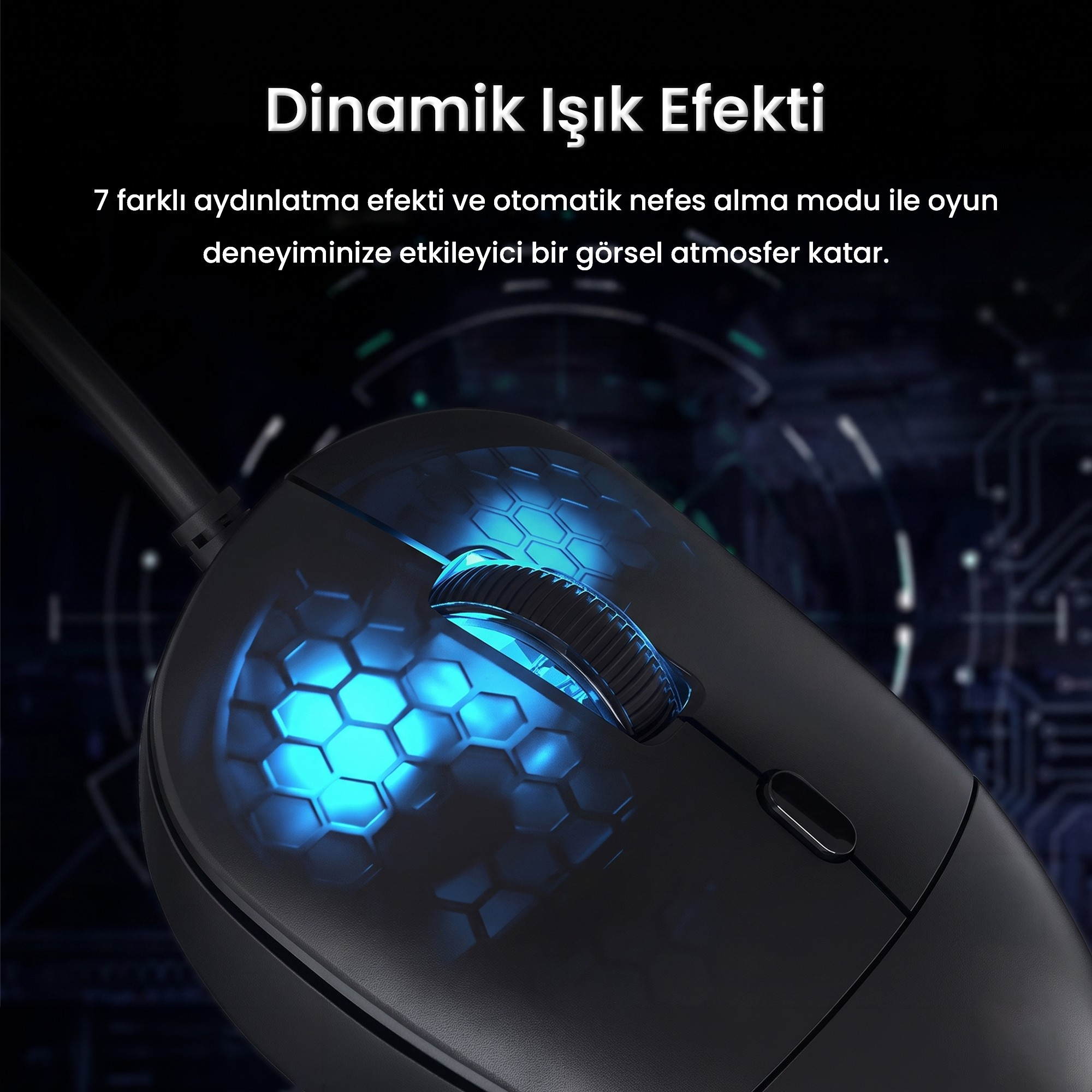 Mavi petek aydınlatmalı siyah oyuncu faresi ve Türkçe metin.