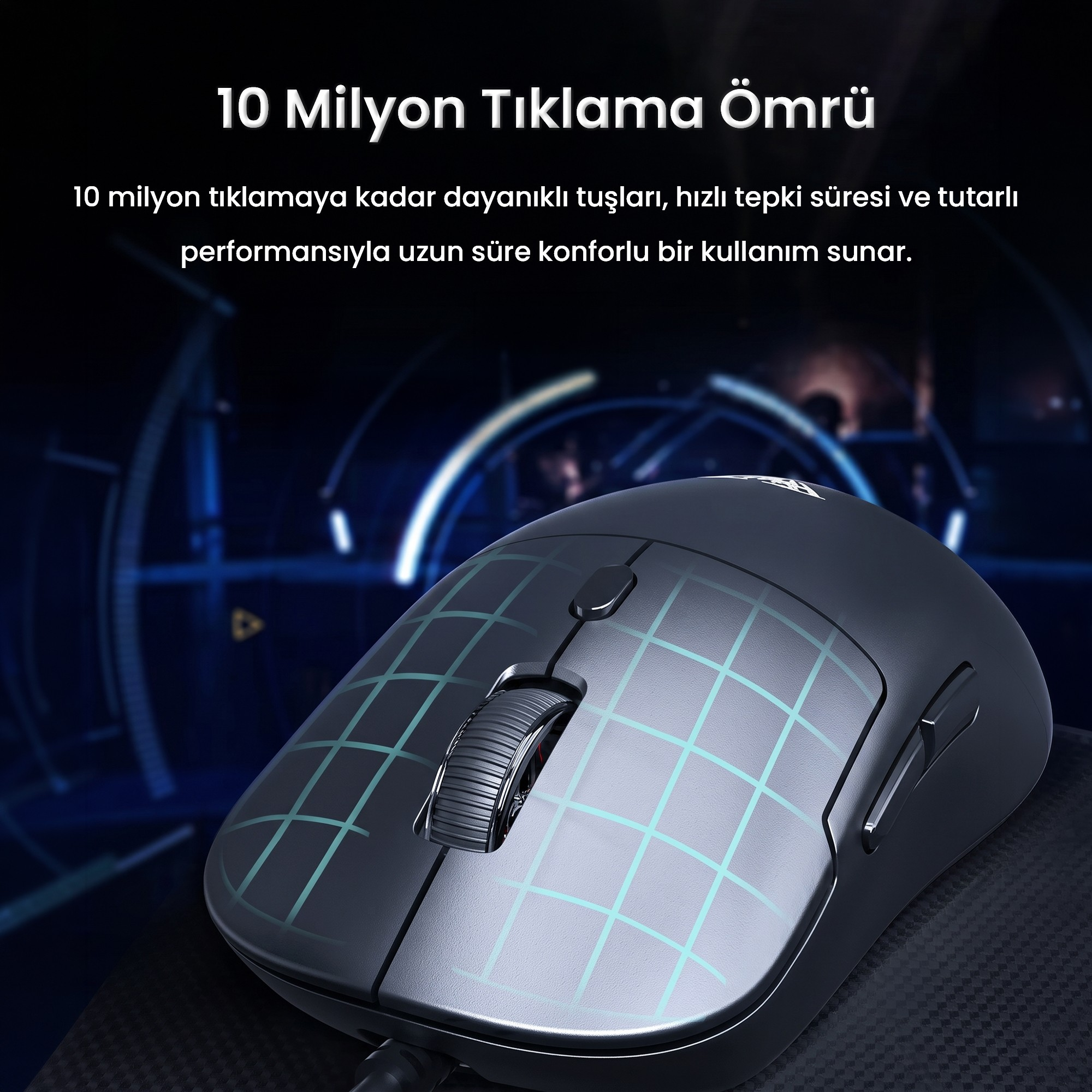 Mavi teknoloji grafiklerine sahip koyu arka planda ızgara desenli siyah bilgisayar faresi.