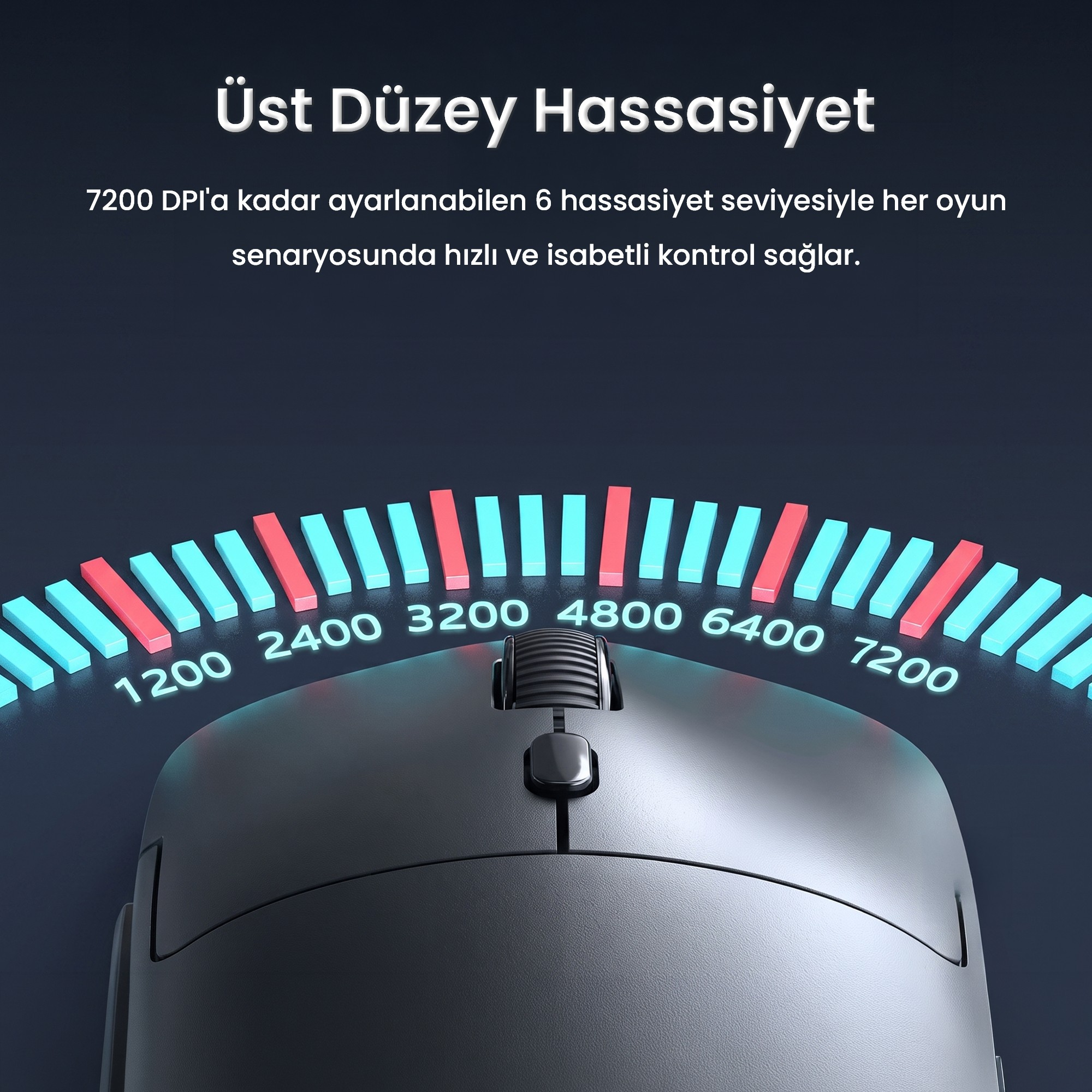 1200 ile 7200 arası DPI seviyelerini gösteren yay şeklinde ölçeğe sahip siyah oyuncu faresi, Türkçe yazılı.