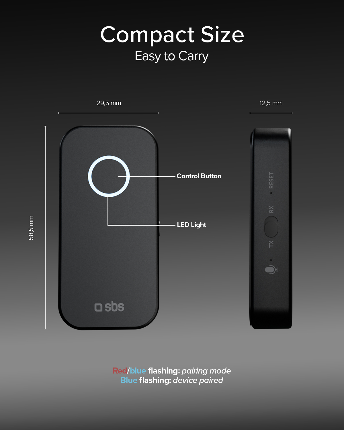 Dispositivo nero compatto con dimensioni, pulsante di controllo, LED ed etichette su sfondo scuro.
