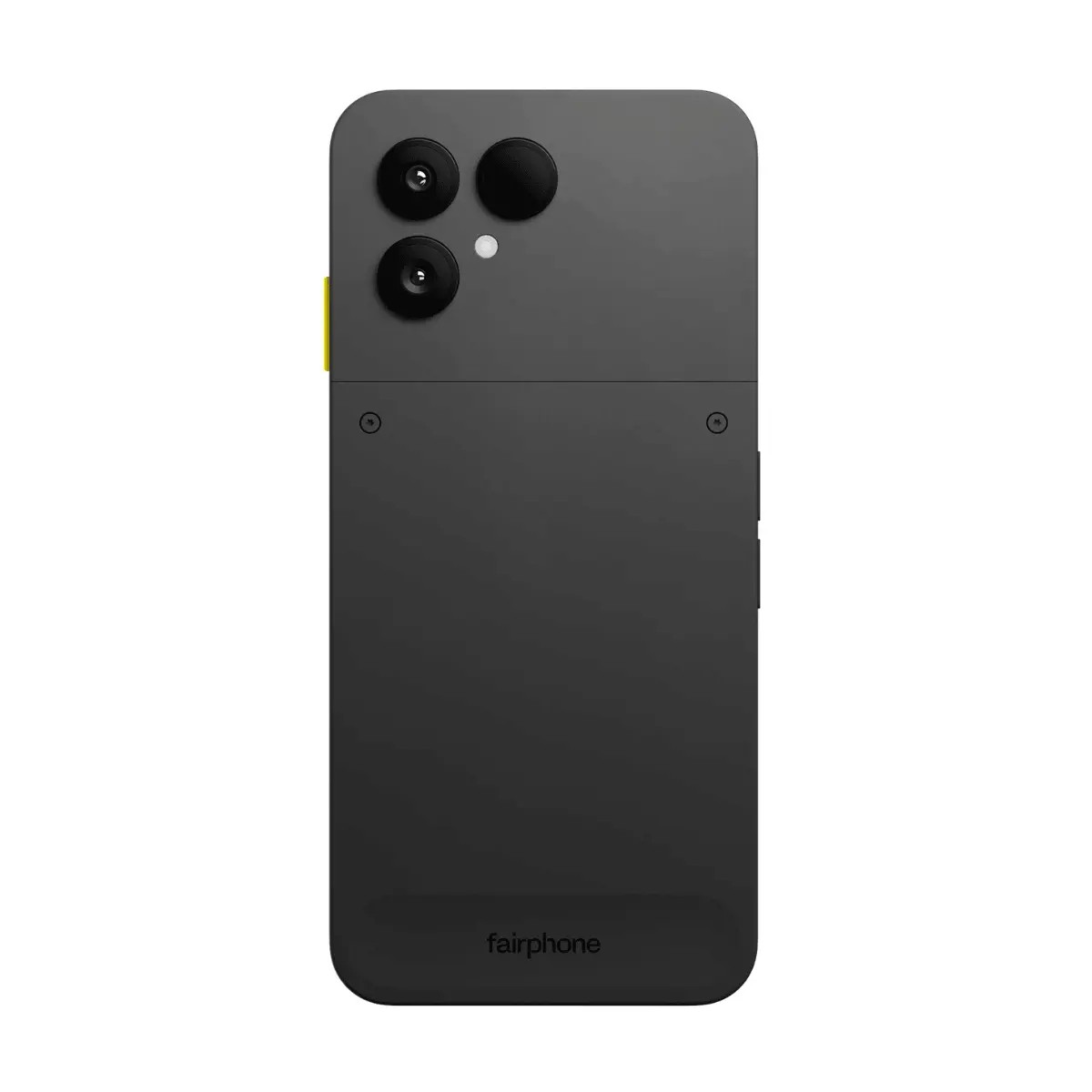 Rückansicht eines dunklen Fairphone-Smartphones mit zwei Kameralinsen, LED-Blitz und dem Fairphone-Logo unten.
