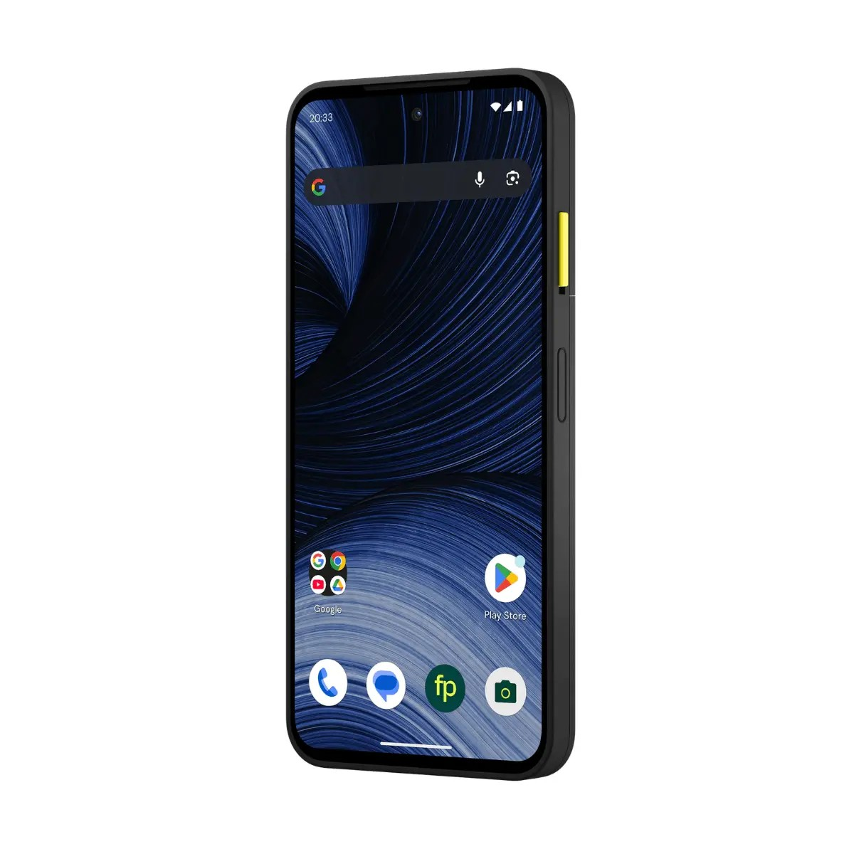 Ein schwarzes Smartphone mit blauem geschwungenem Hintergrund und bunten App-Symbolen auf dem Bildschirm.